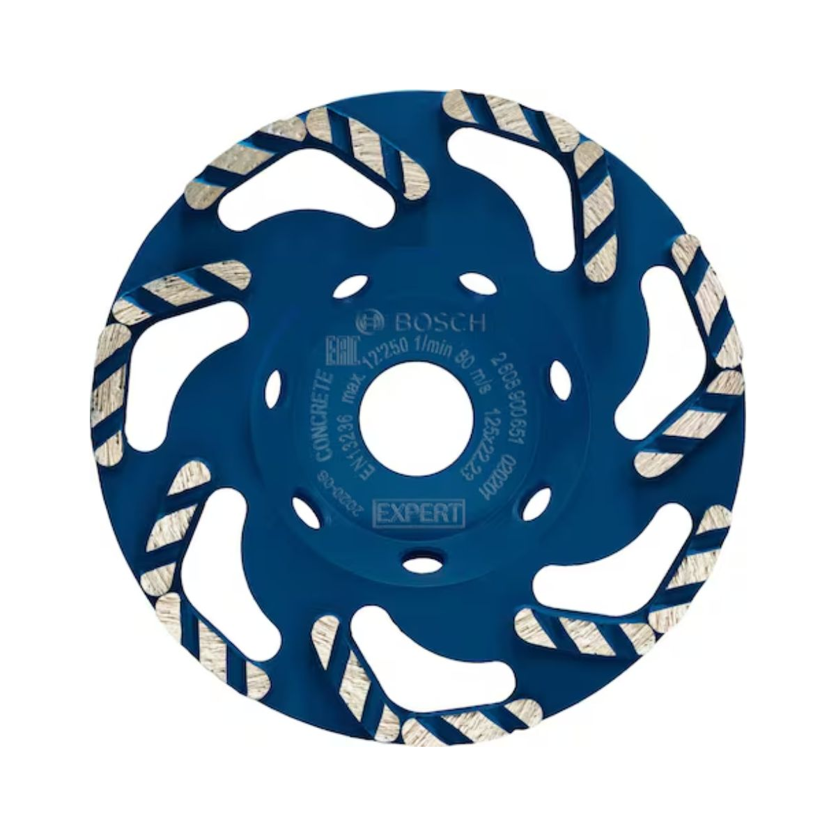 Blaue Schleifscheibe mit weißen Aussparungen und silbernen Schleifflächen.
