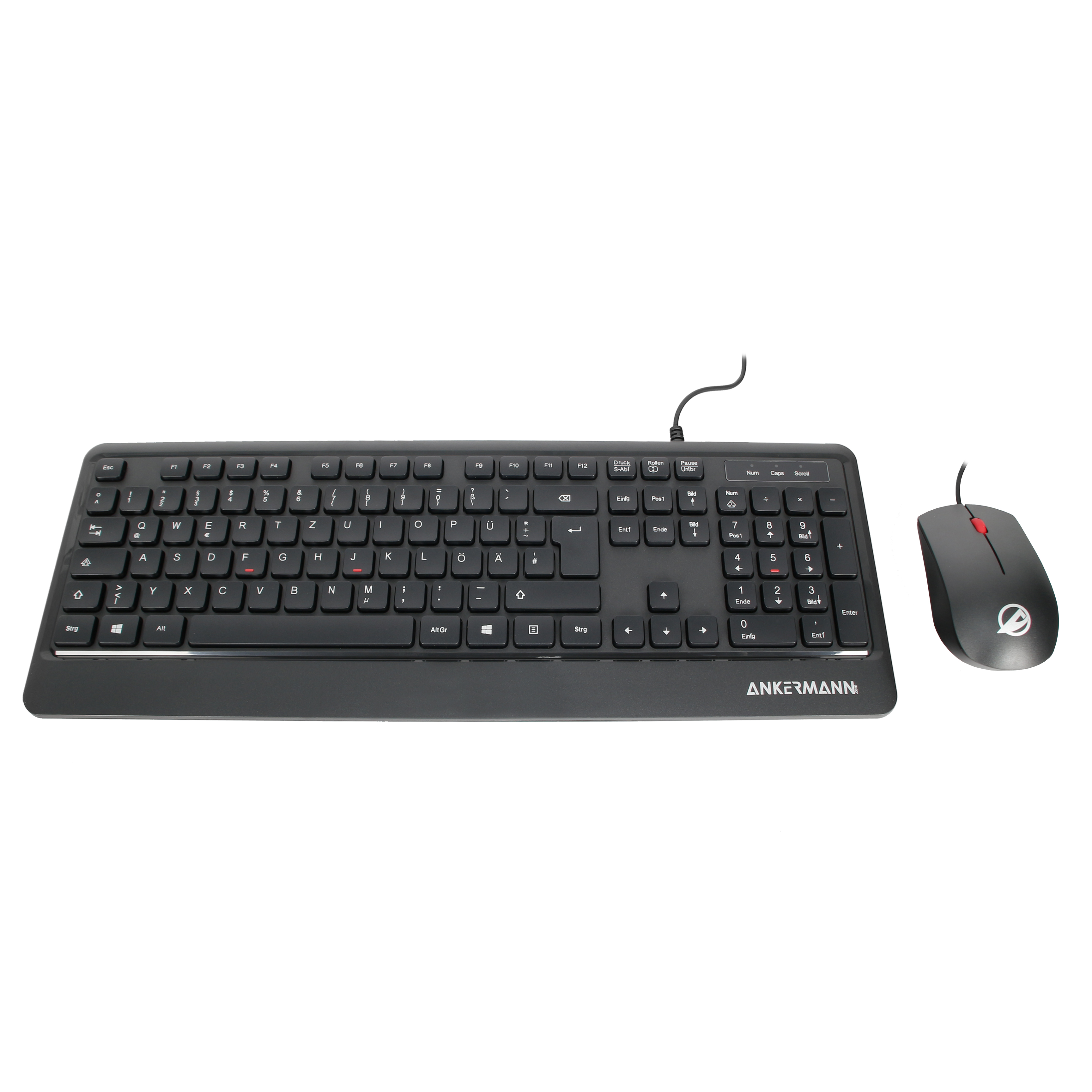 Ein schwarzes Tastatur- und Maus-Set. Die Tastatur hat einen Nummernblock und die Maus eine rote Taste.