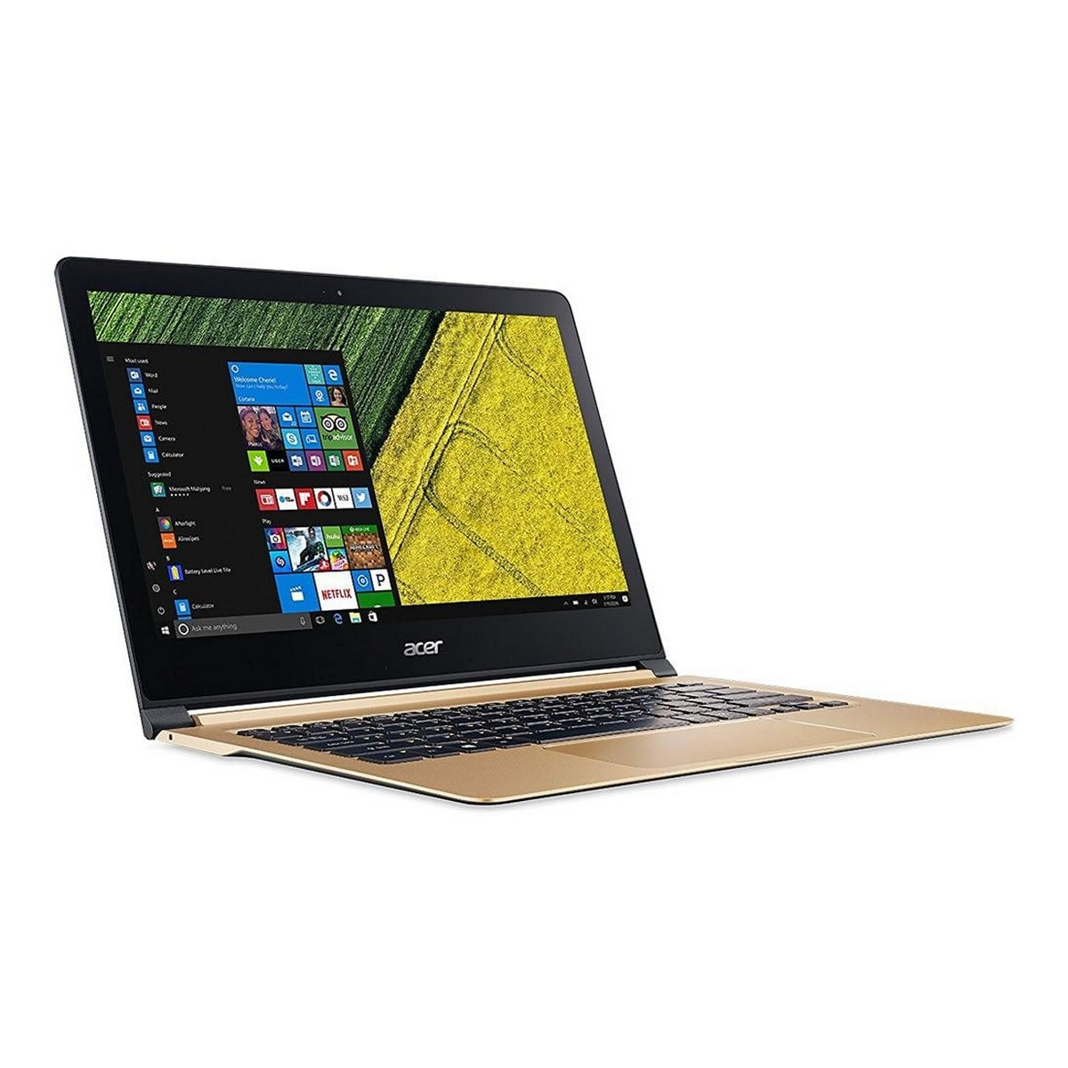 Laptop dorato, aperto, mostra il desktop di Windows. Lo schermo mostra un campo giallo e cielo blu.