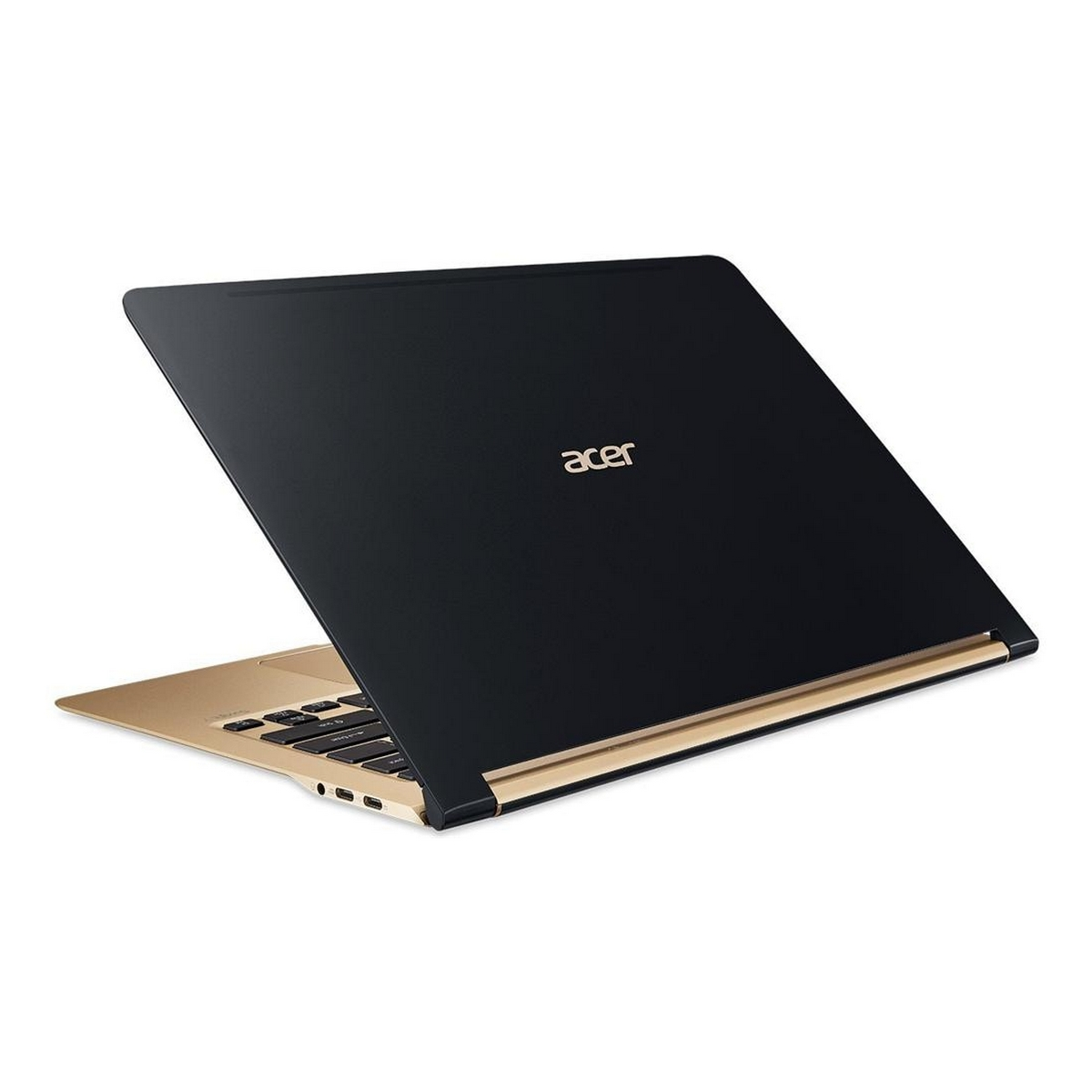 Un laptop nero con cerniera dorata è posizionato su uno sfondo bianco.
