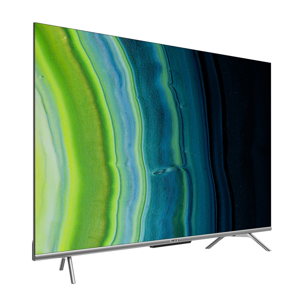 TV moderno con un design astratto verde e giallo sullo schermo, gambe argentate, sfondo bianco.