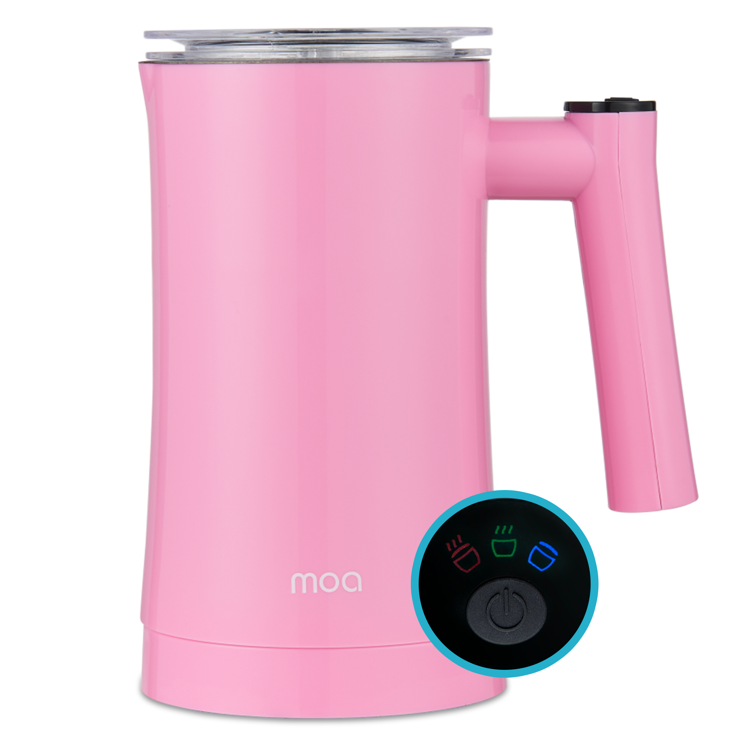 Een roze moa melkopschuimer met een handvat en een rond bedieningspaneel.