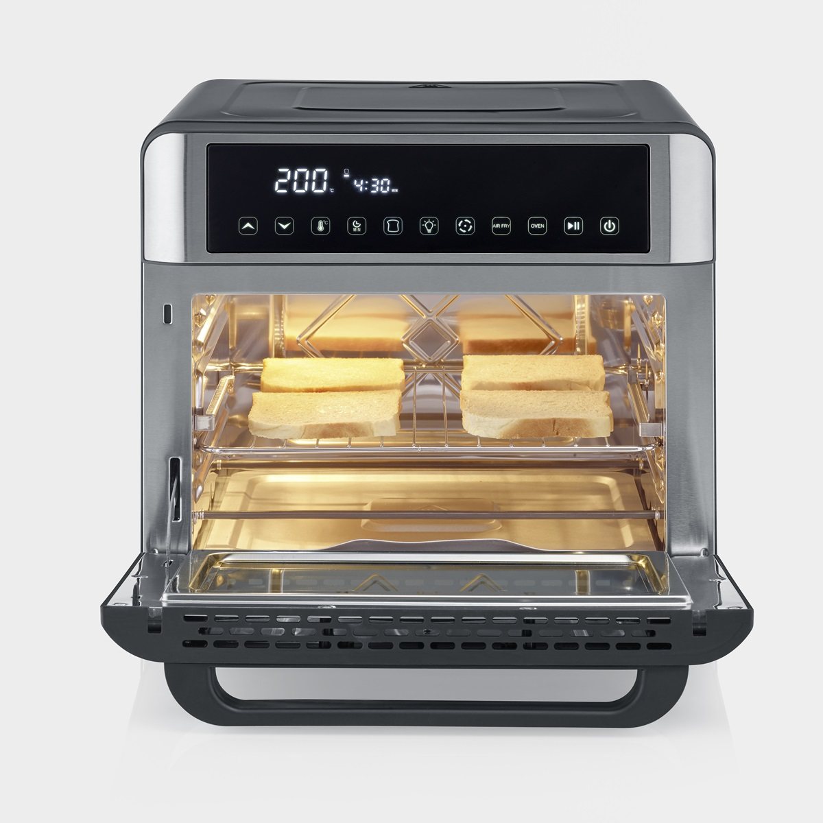 Airfryer met open deur. Twee sneetjes toast erin. Digitaal display toont instellingen.
