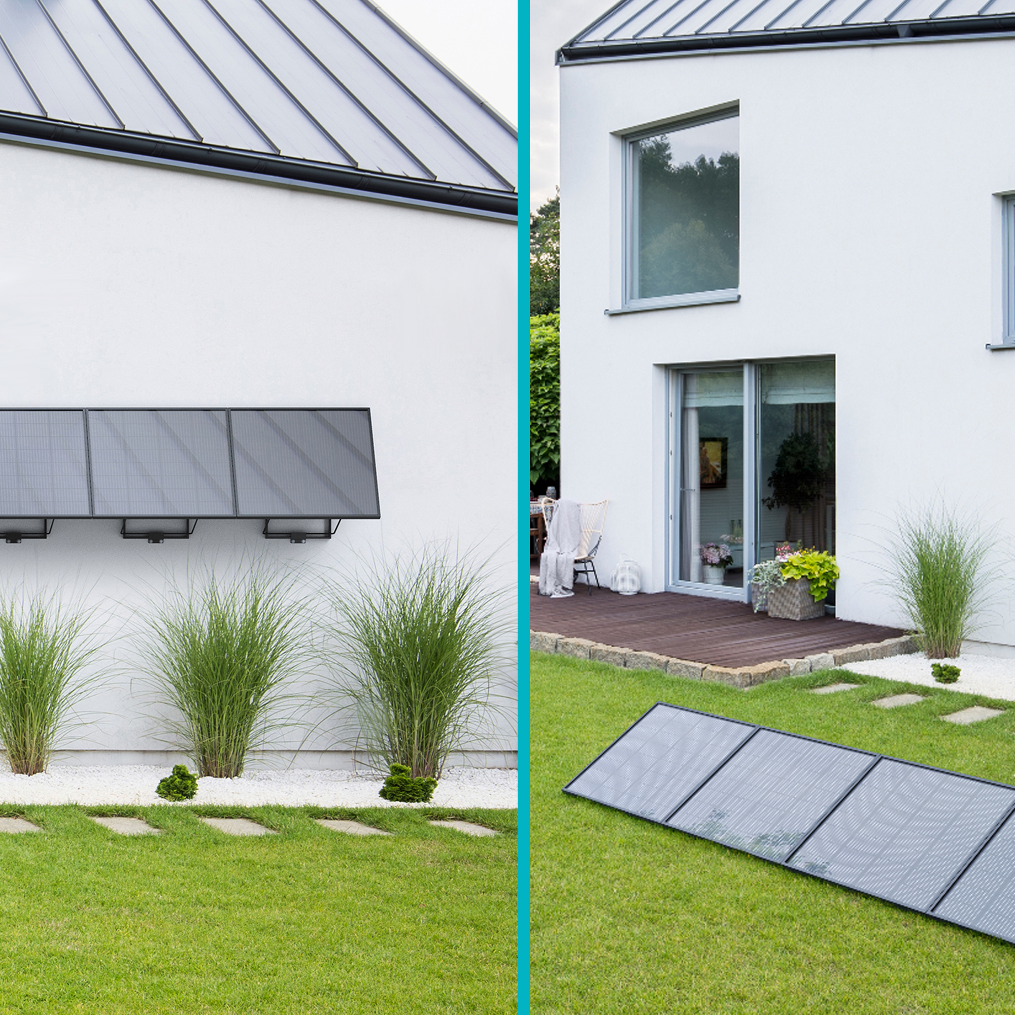 Dos imágenes: Paneles solares montados en una pared y colocados en el césped, en el jardín.