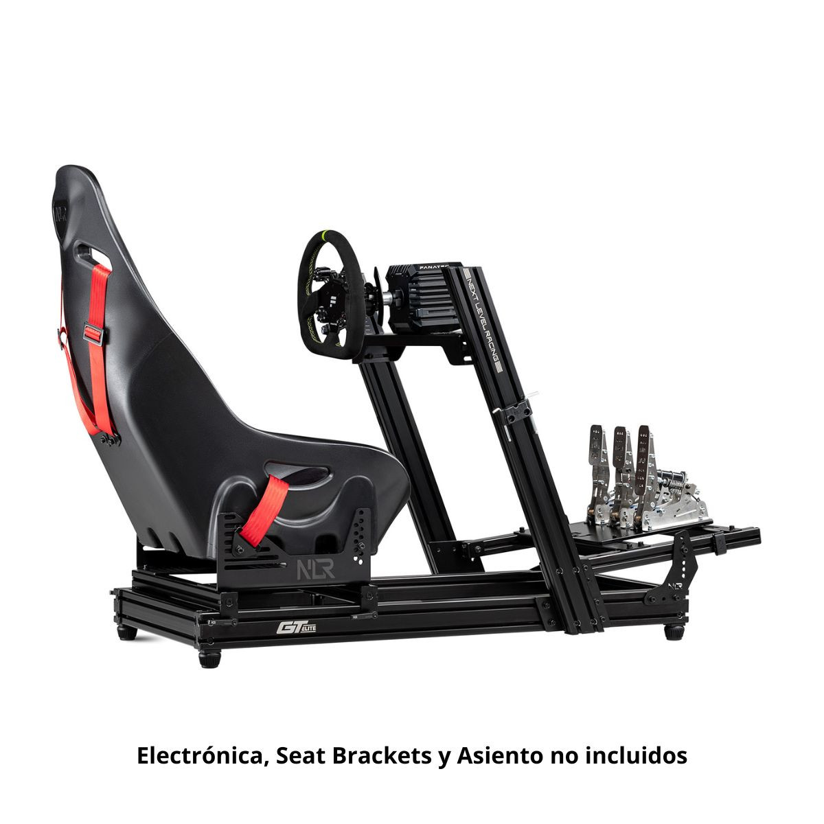Asiento negro de simulador de carreras con correas rojas, en un marco negro, y algunos componentes visibles.