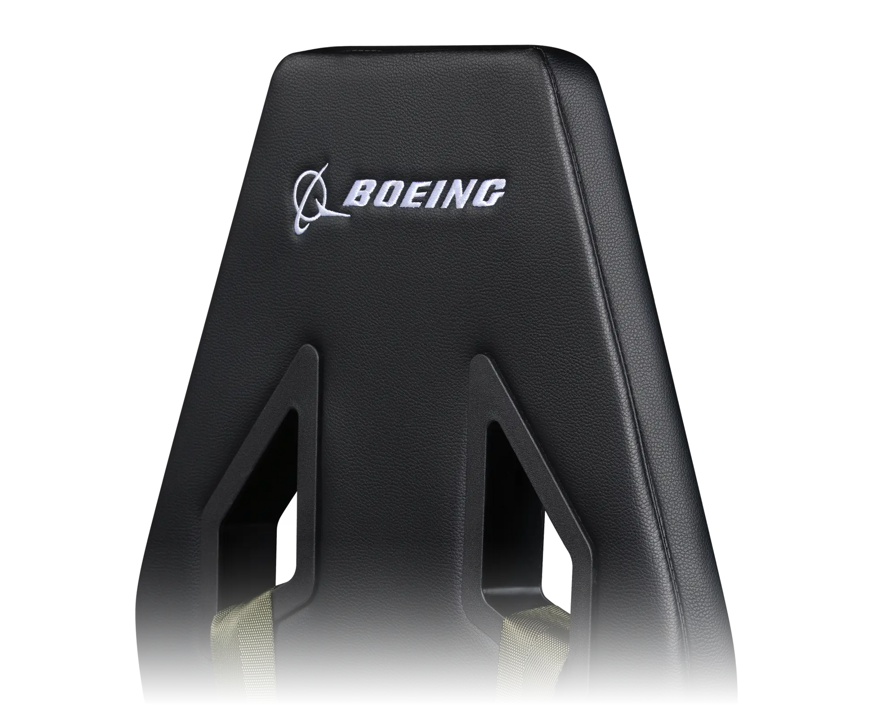 Uno schienale di sedile aereo nero. Il logo Boeing è visibile in alto.
