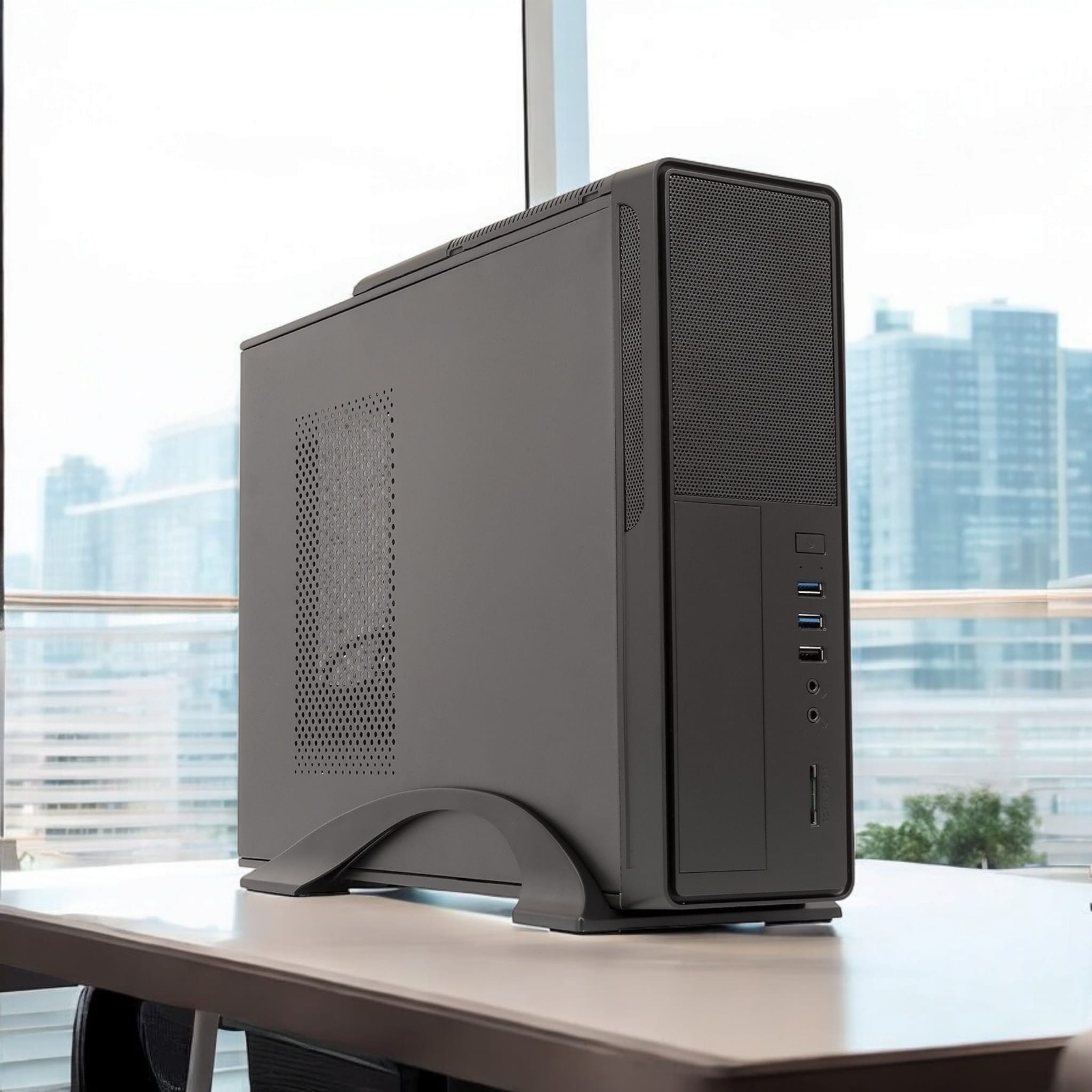 Un soporte para monitor de computadora con dos soportes.