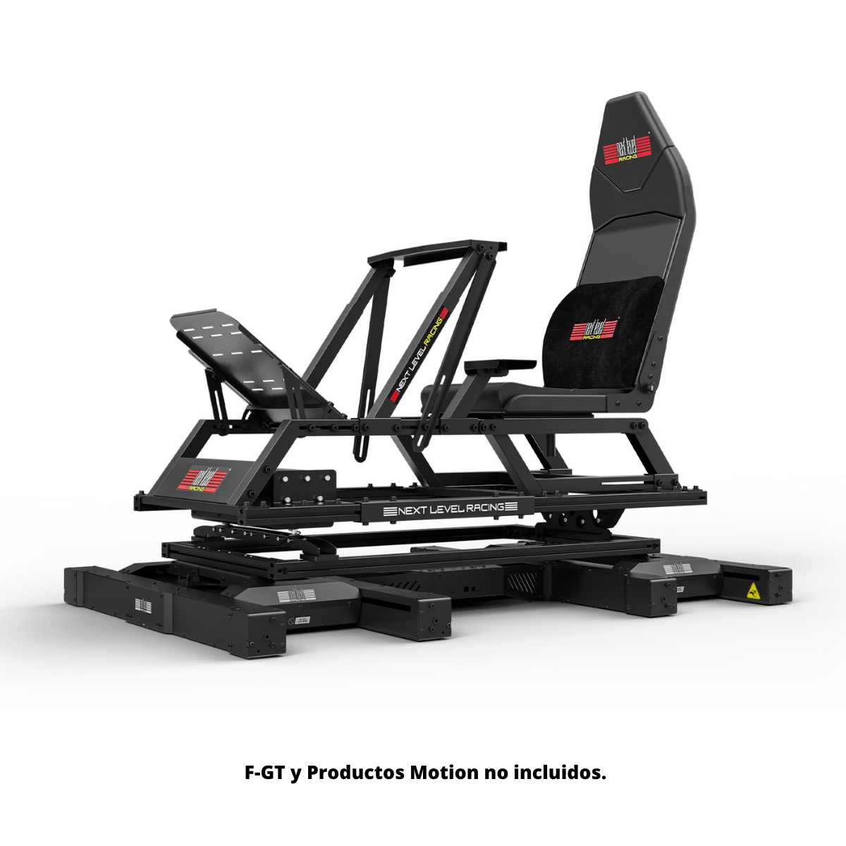 Un asiento de simulador de carreras negro y rojo con las palabras NEXT LEVEL RACING.