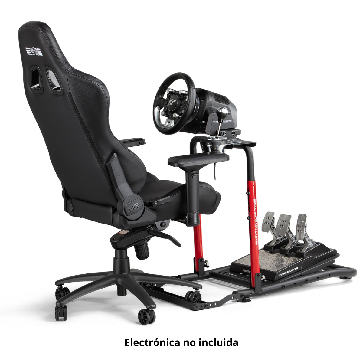 Schwarzer Gaming-Stuhl mit Lenkrad und Pedalen, roter Rahmen.