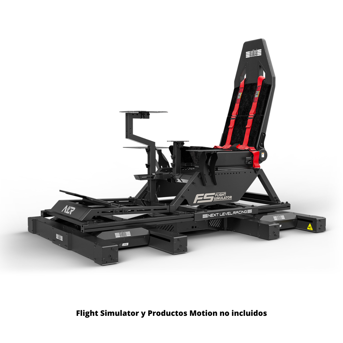 Asiento simulador de vuelo Next Level Racing negro, correas rojas, marco negro, fondo blanco.