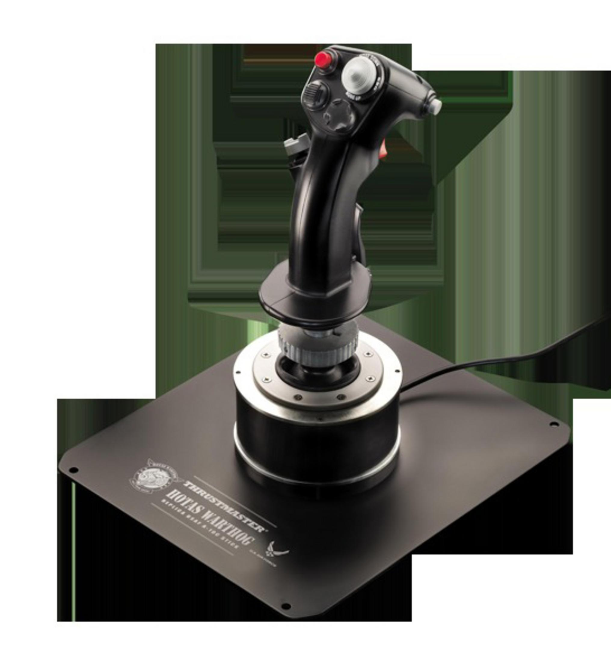 Ein Thrustmaster Flight Stick, schwarz mit roter Taste, steht auf einer schwarzen quadratischen Basis.