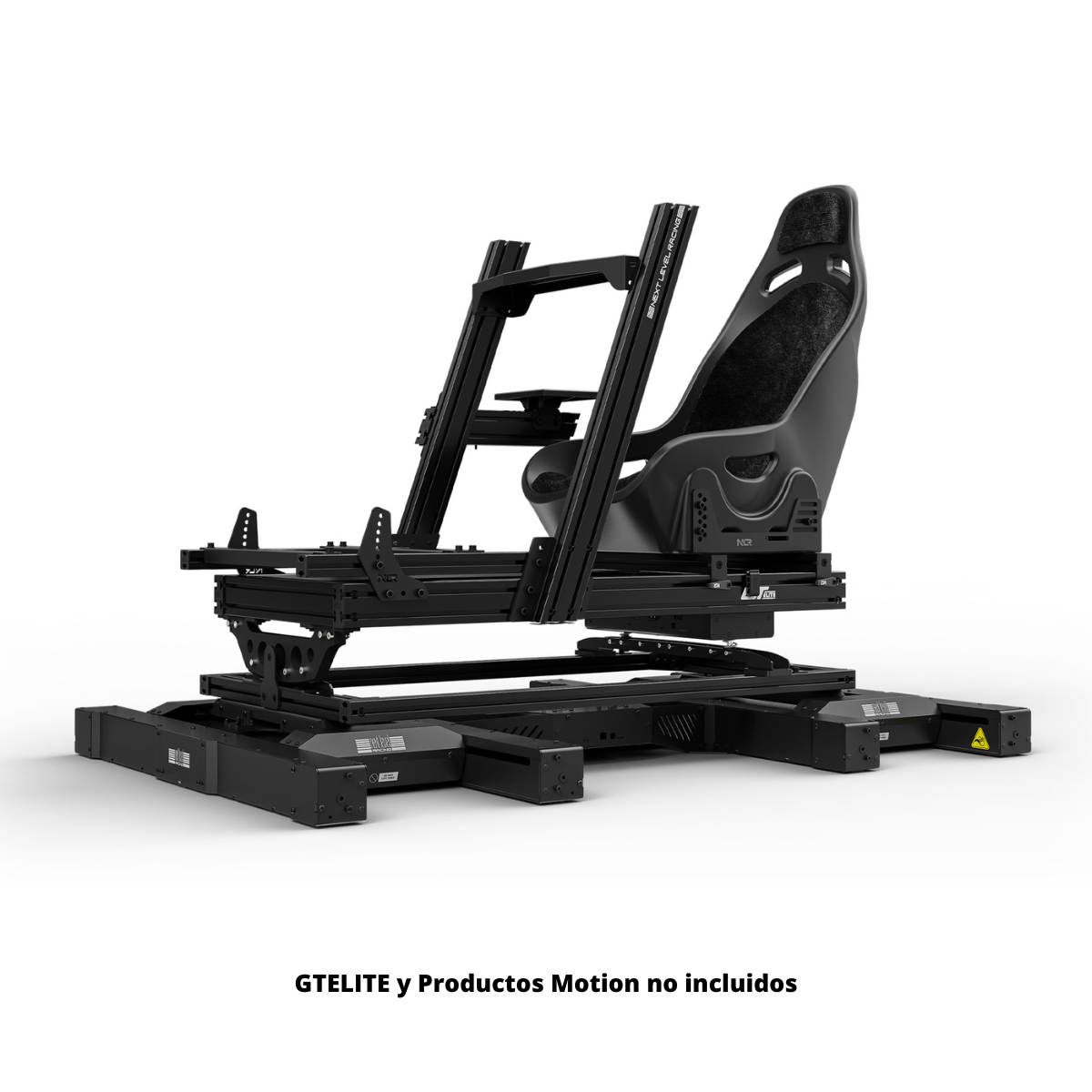 Asiento de simulador de carreras negro sobre marco negro, listo.