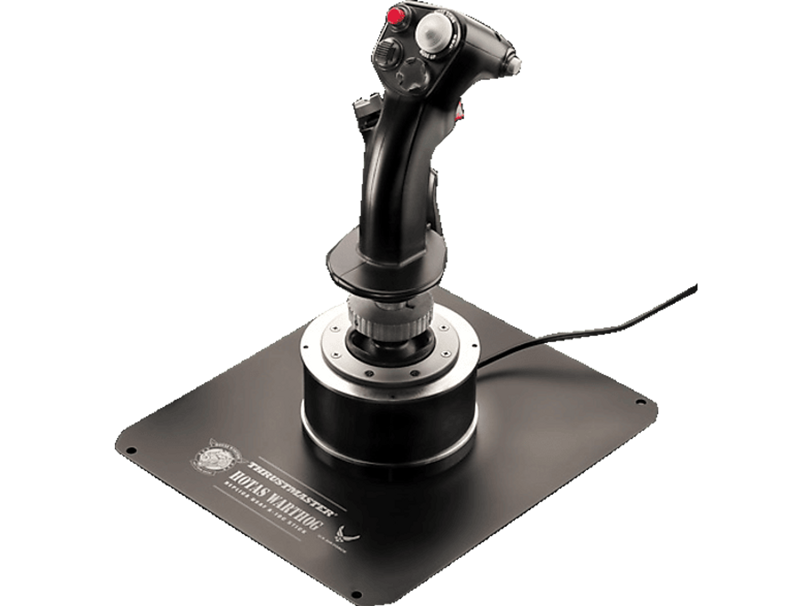 Ein schwarzer Joystick für einen Flugsimulator mit Knöpfen und einem Sockel.