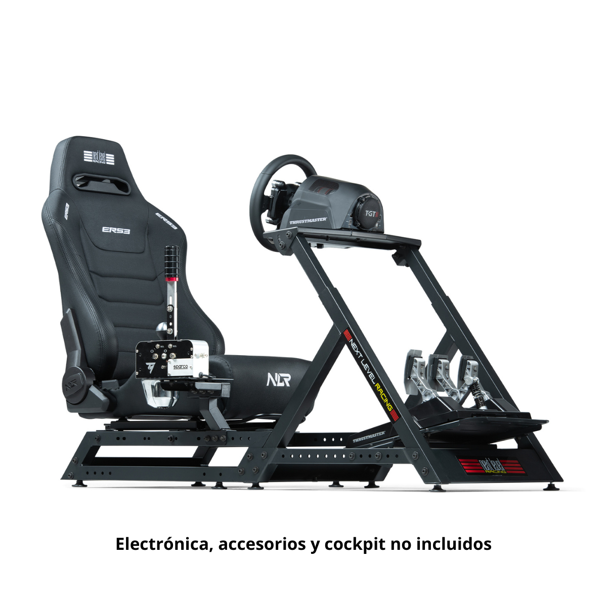 Cabina de simulador de carreras con asiento, volante y pedales. Accesorios no incluidos.
