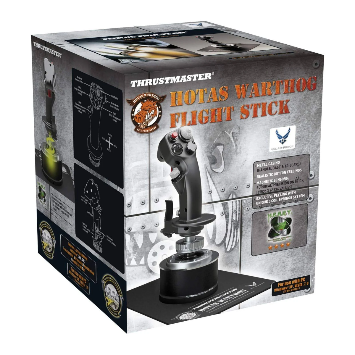 Eine Box für einen Flight Stick-Spielcontroller mit Bildern des Produkts.
