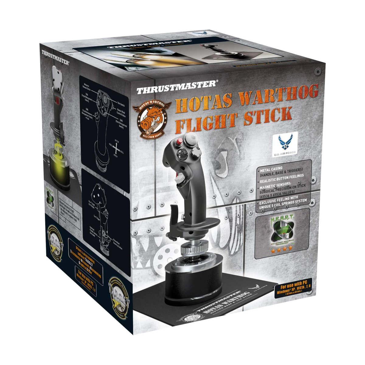 Thrustmaster HOTAS Warthog Flight Stick Box, mit Produktdetails, auf weißem Hintergrund.