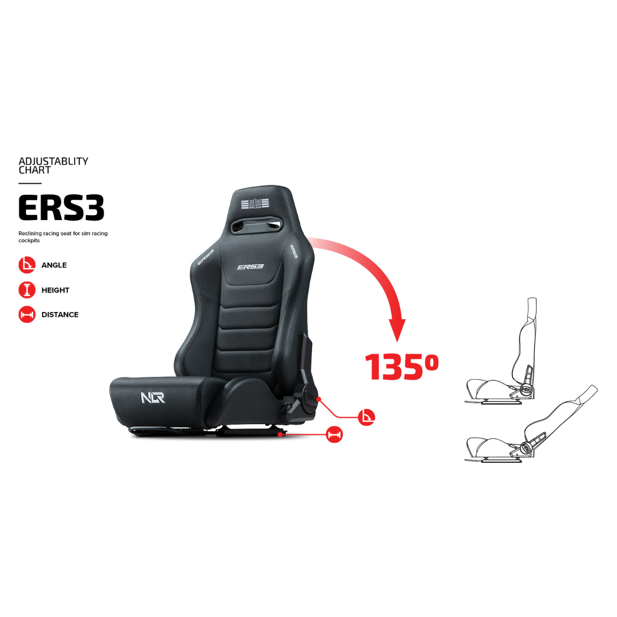 Un asiento de carreras negro con una ilustración que muestra la capacidad de ajuste, con ángulos y medidas de altura.