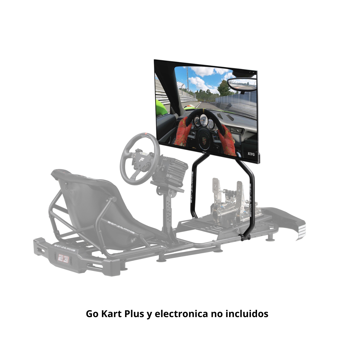 Chasis de kart con un monitor que muestra un juego de carreras. El texto 'Go Kart Plus y electrónica no incluidos'.