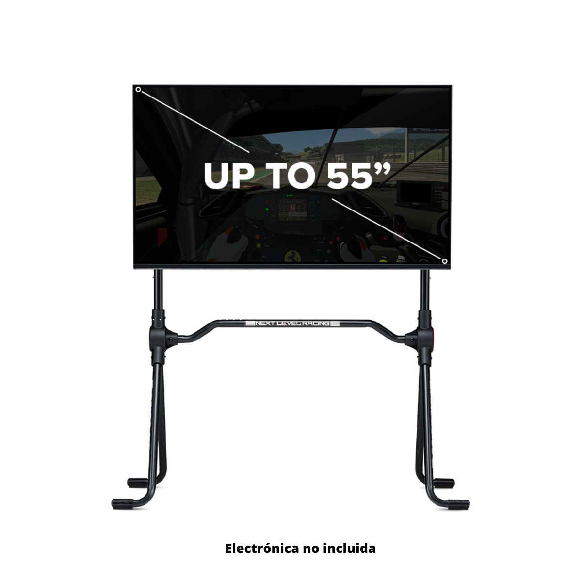 TV-Bildschirm auf einem Ständer, der ein Rennspiel zeigt. Text sagt 'UP TO 55"'.