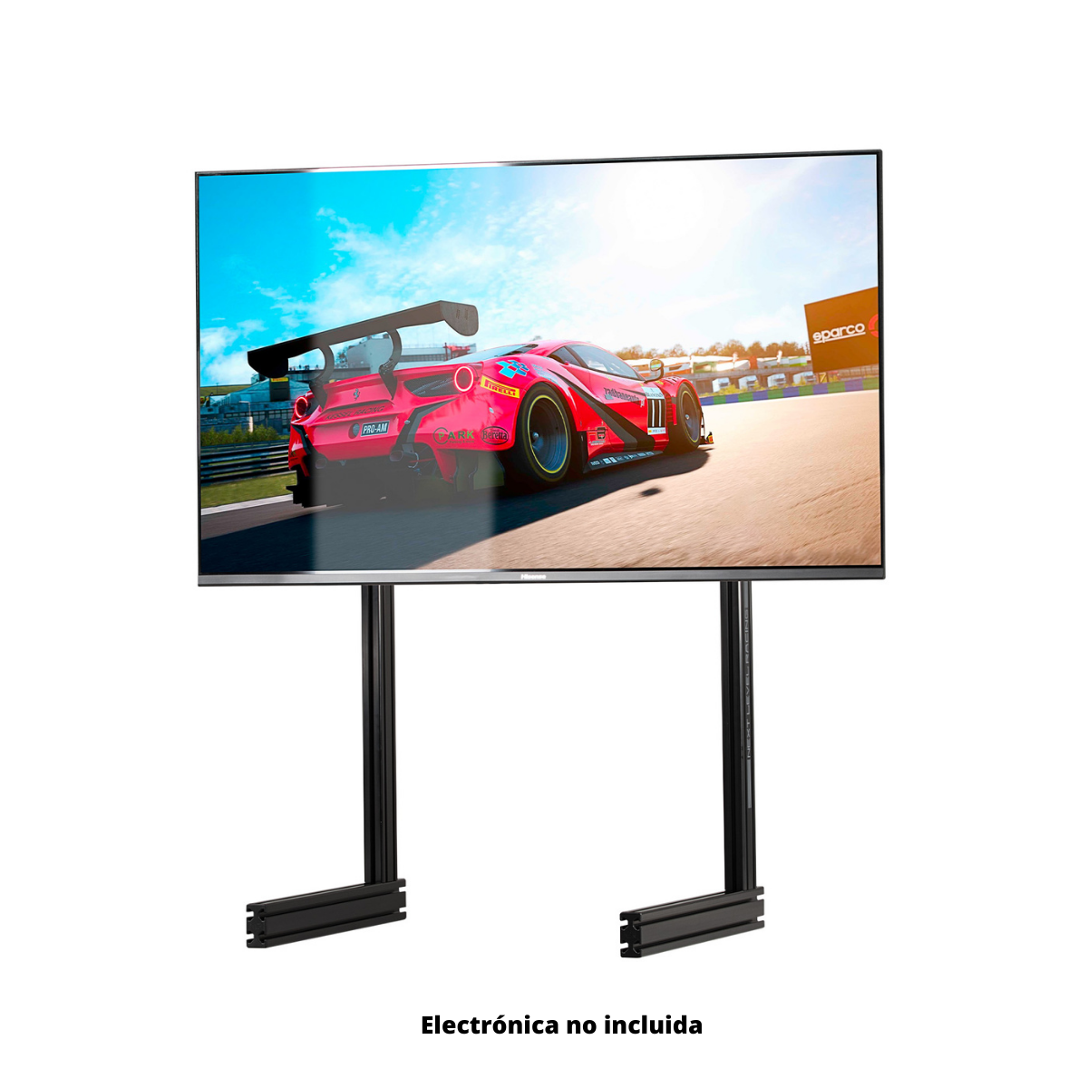 Una pantalla de TV grande montada en un soporte negro. Un coche rojo se muestra en la pantalla, en un entorno soleado al aire libre.