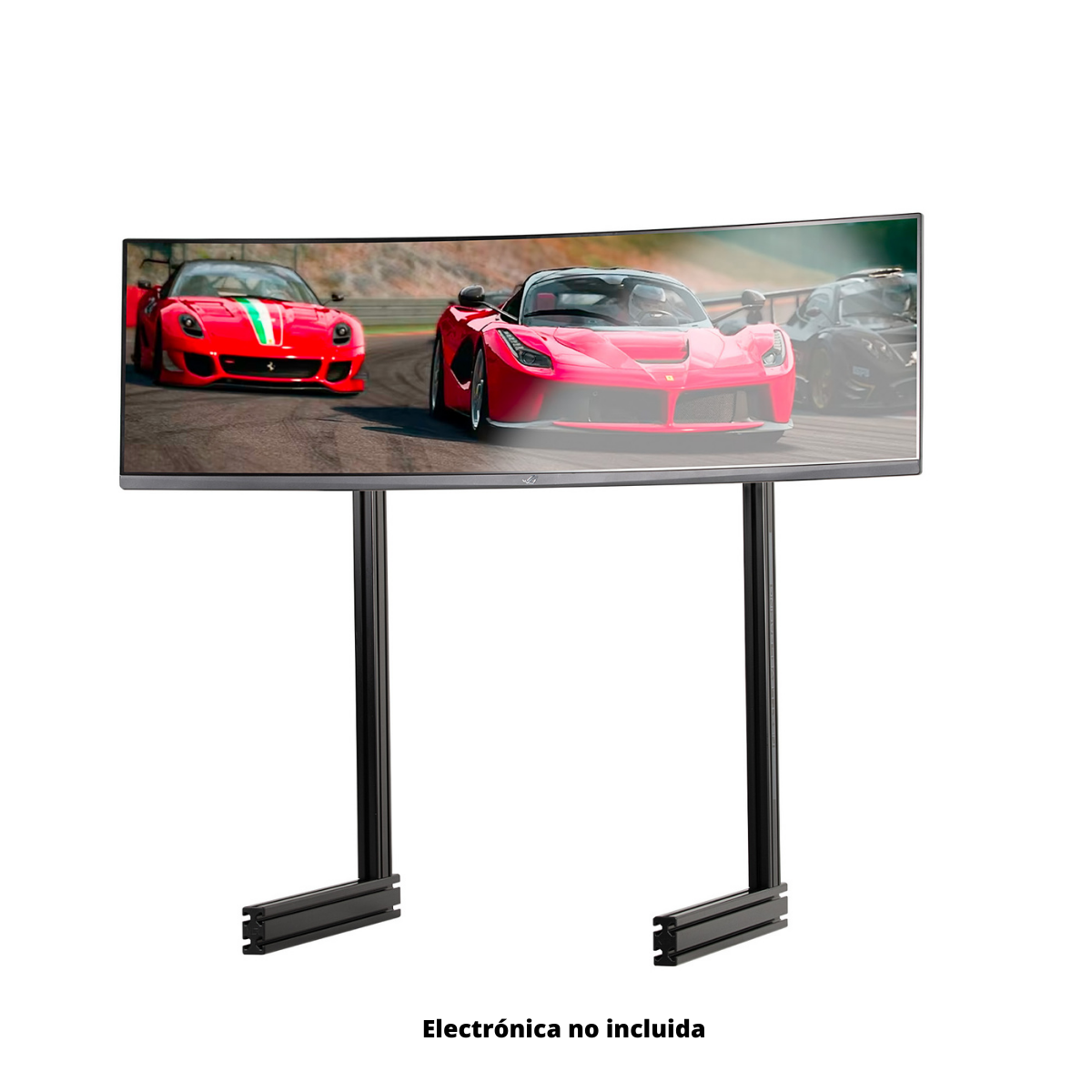 Curved monitor on a black stand, with a race car scene on the screen.