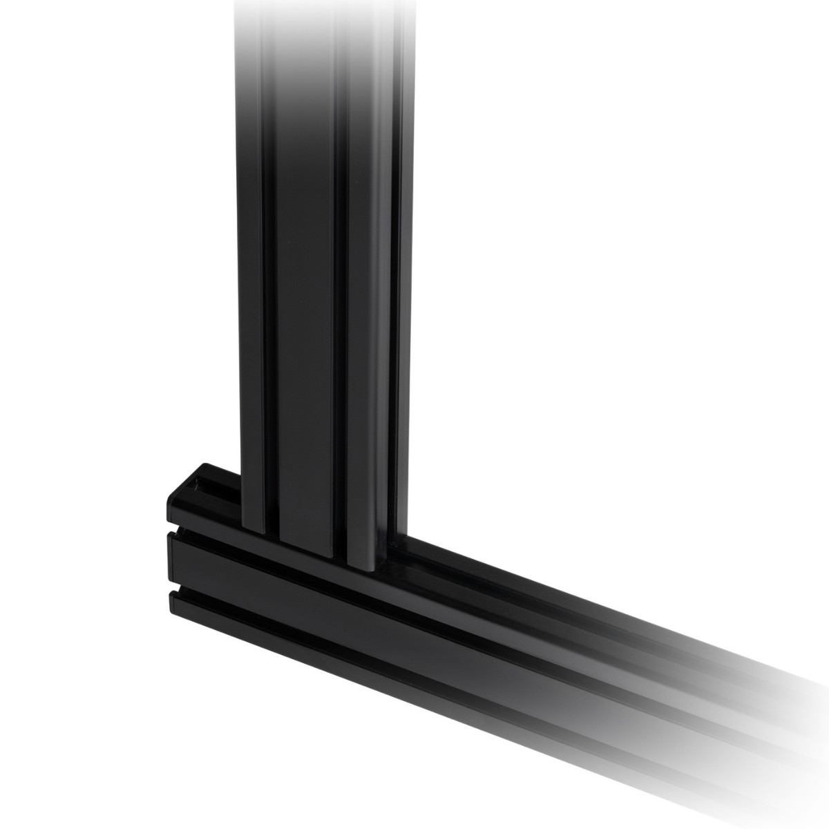 Black metal support beams are seen connected at a 90-degree angle, on a white background.