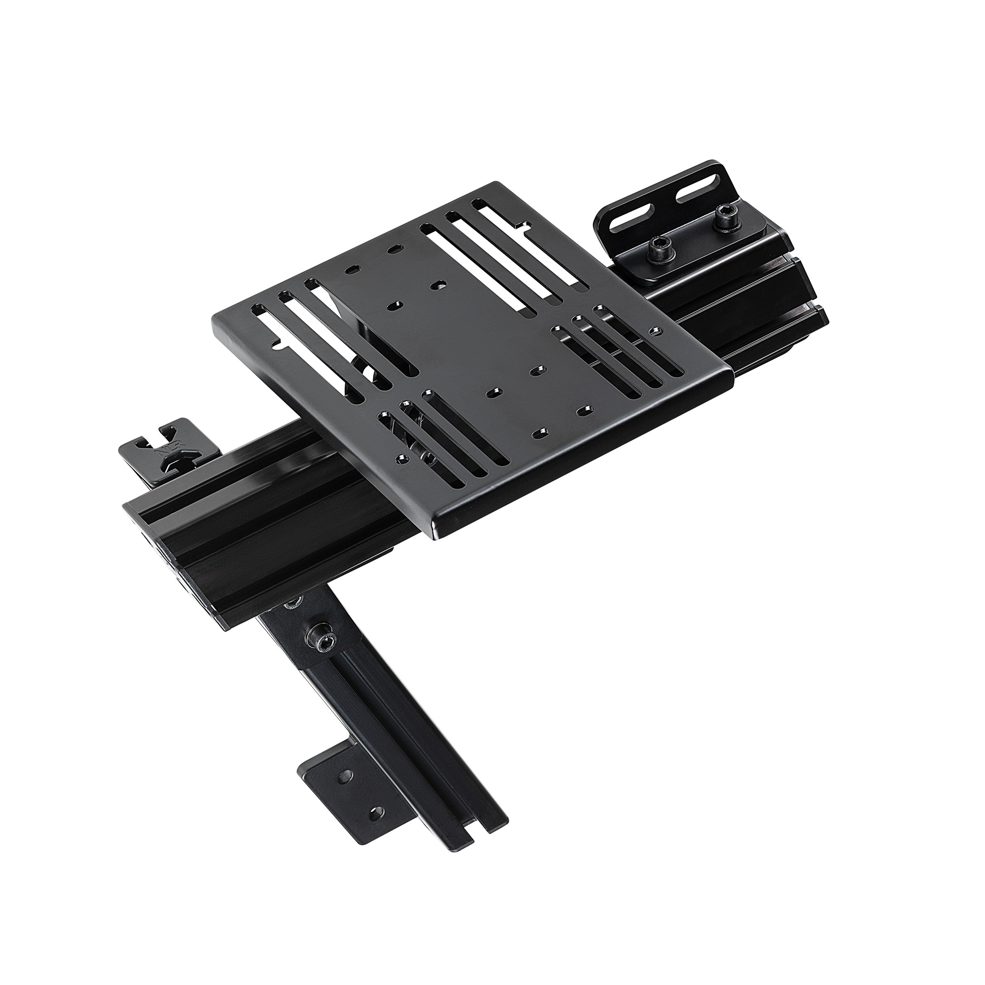 Configuración de simulador de carreras negra con asiento ajustable y soporte de volante.