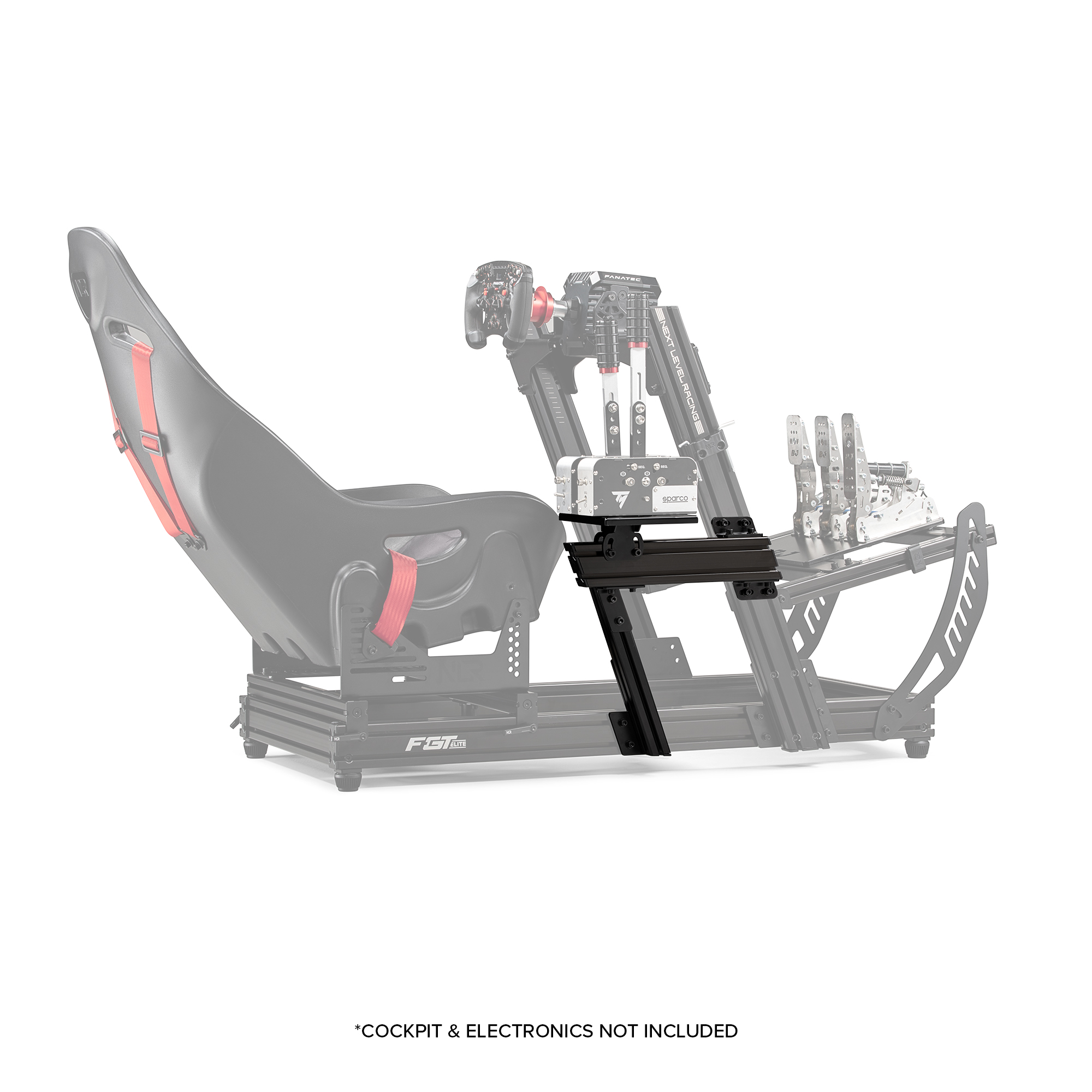 Cabina de simulador de carreras negra con asiento de carreras, soporte de volante y componentes electrónicos.