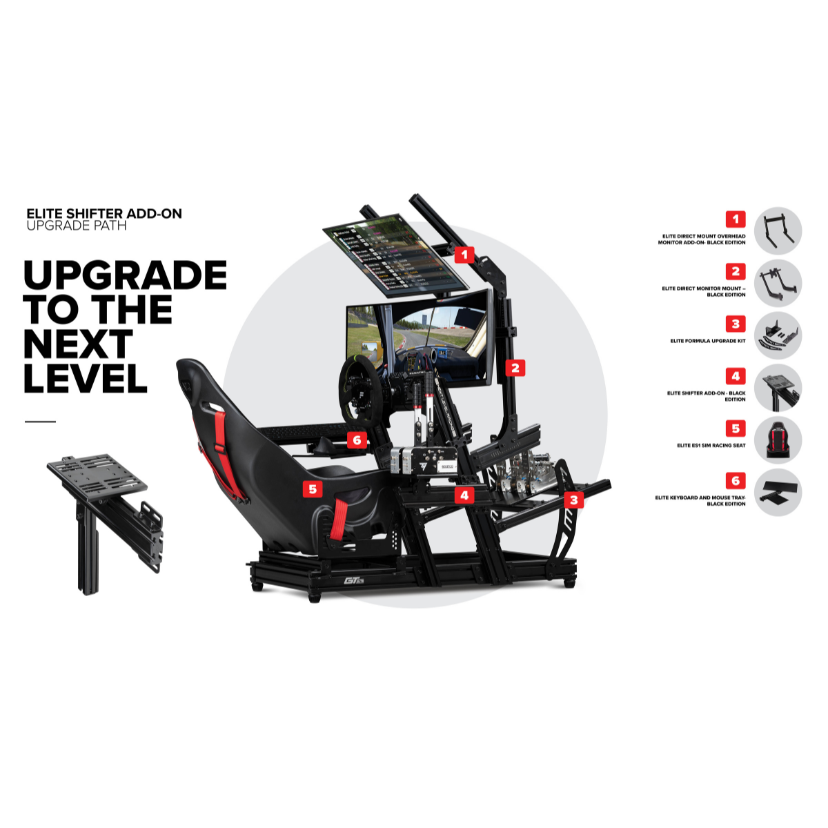 Configuración de simulador de carreras con asiento, monitores y controles. El texto dice: Sube al siguiente nivel.