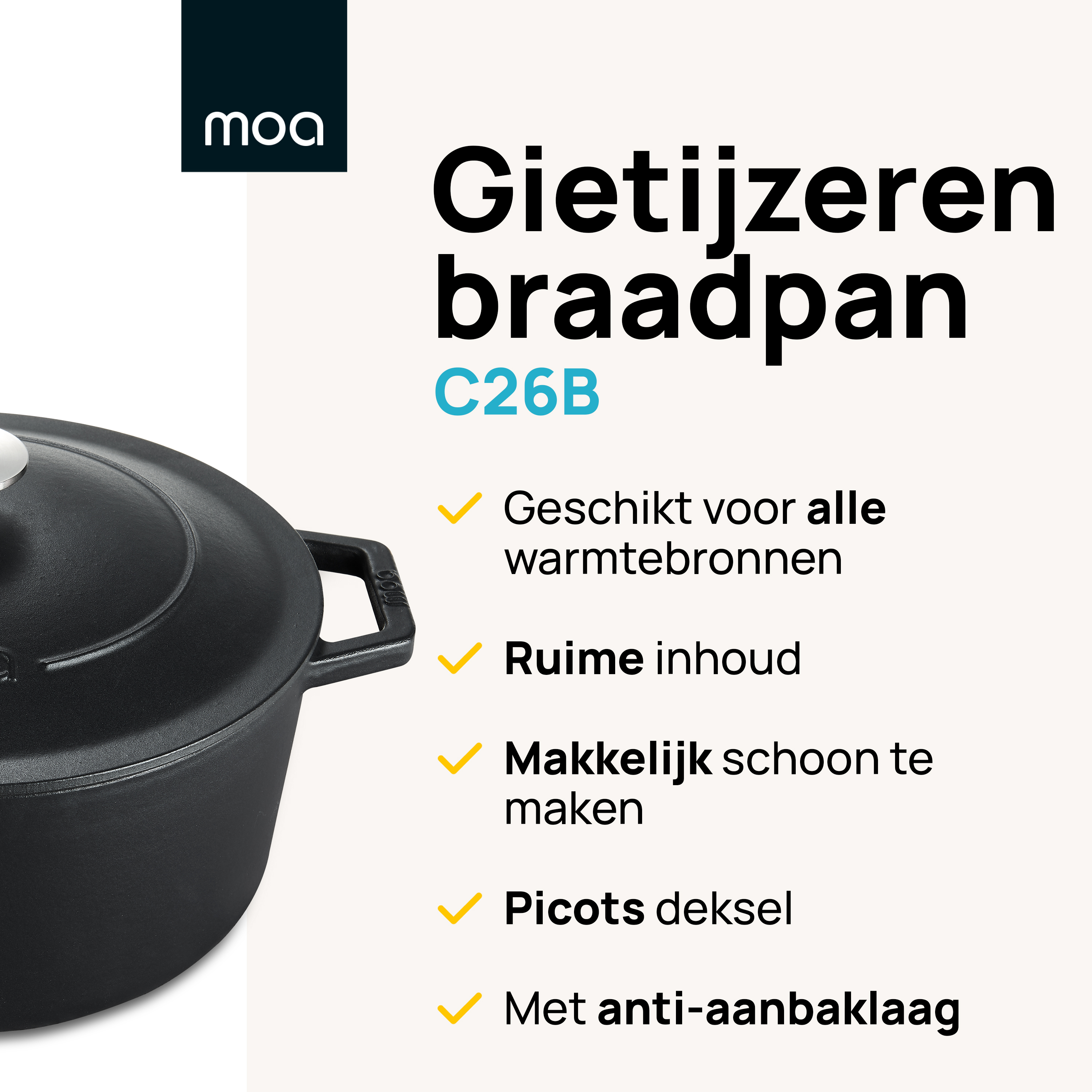 Een zwarte gietijzeren braadpan met deksel, op een lichtblauwe achtergrond.