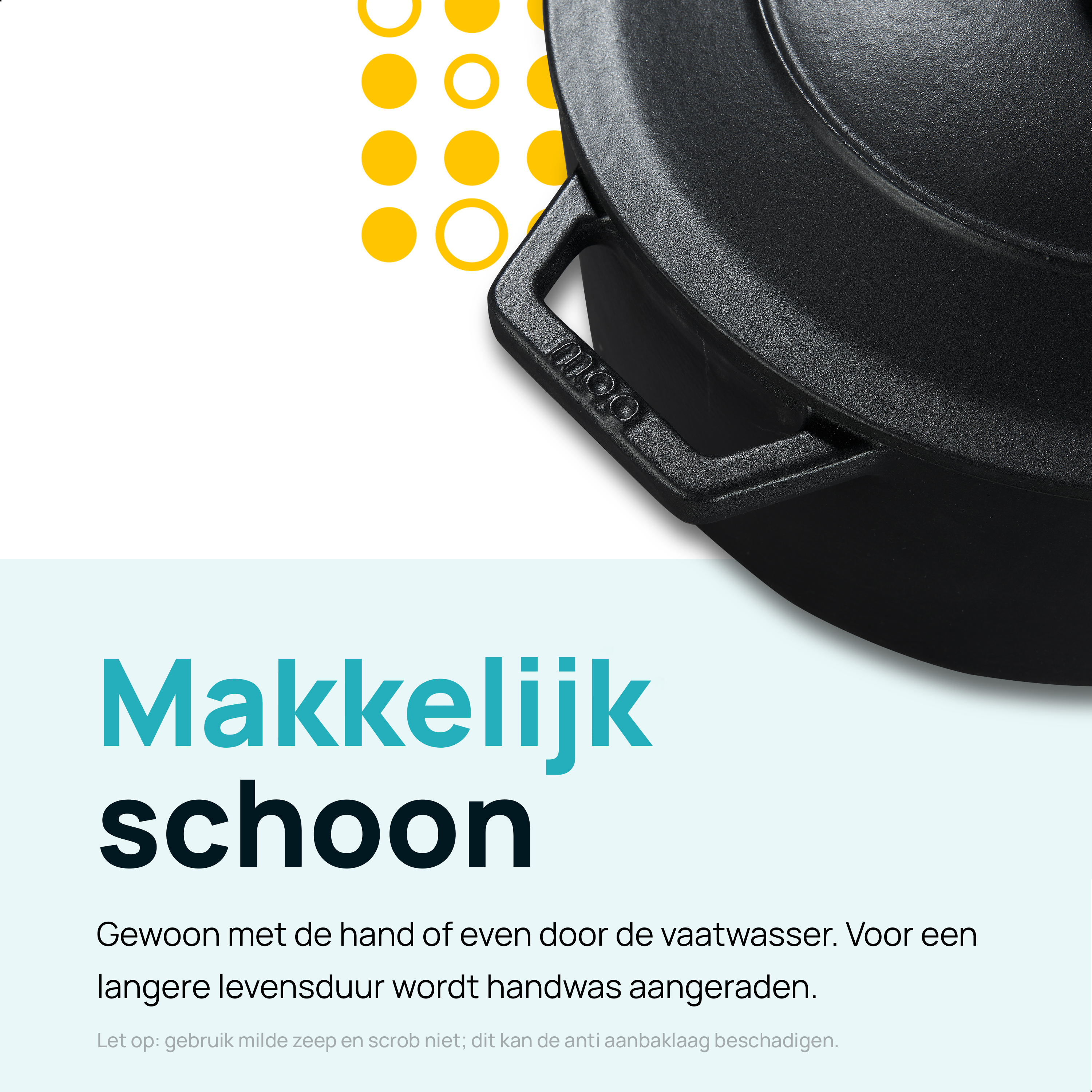 Zwarte pan met een handvat. Tekst eronder.