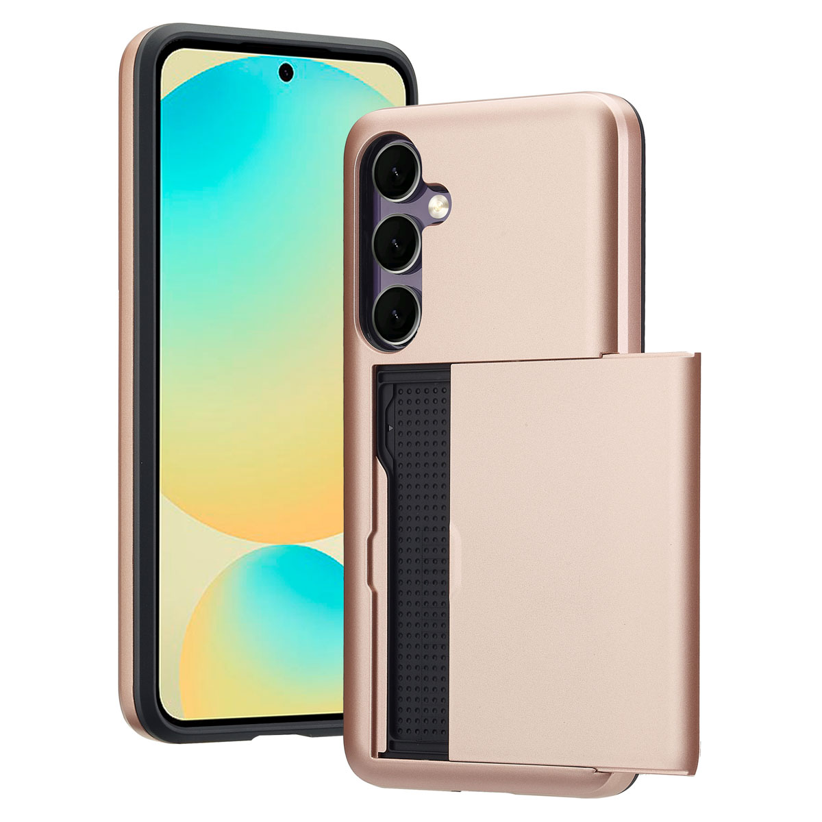 Een roségouden telefoonhoesje met een uitschuifbare kaarthouder en een telefoon met een blauw en geel scherm.