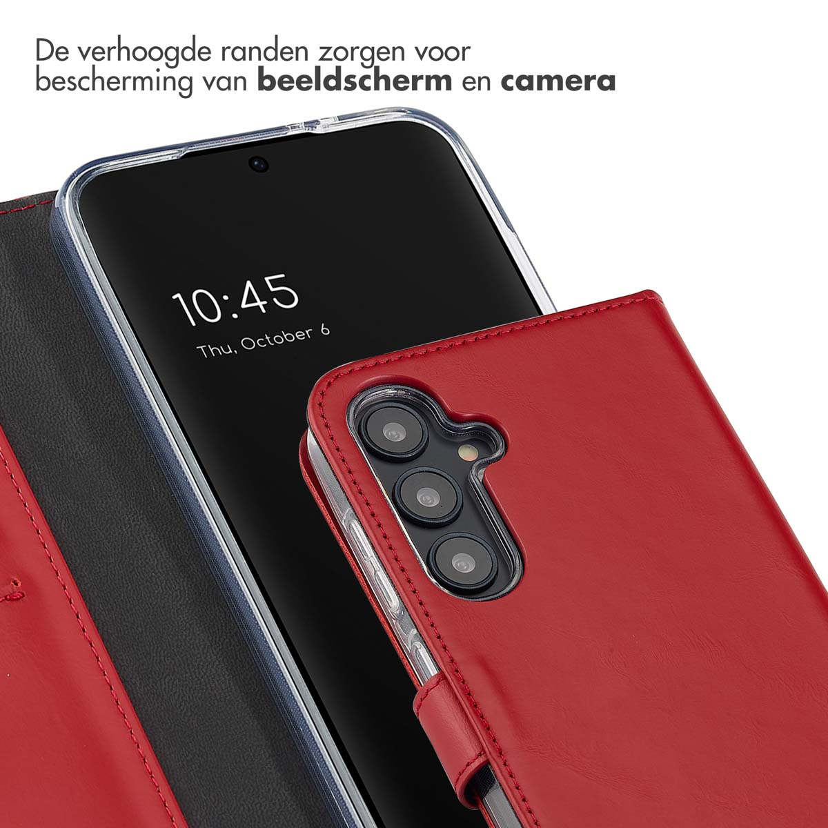 Rode telefoonhoes met een zwart scherm dat de tijd en datum toont, met verhoogde randen.