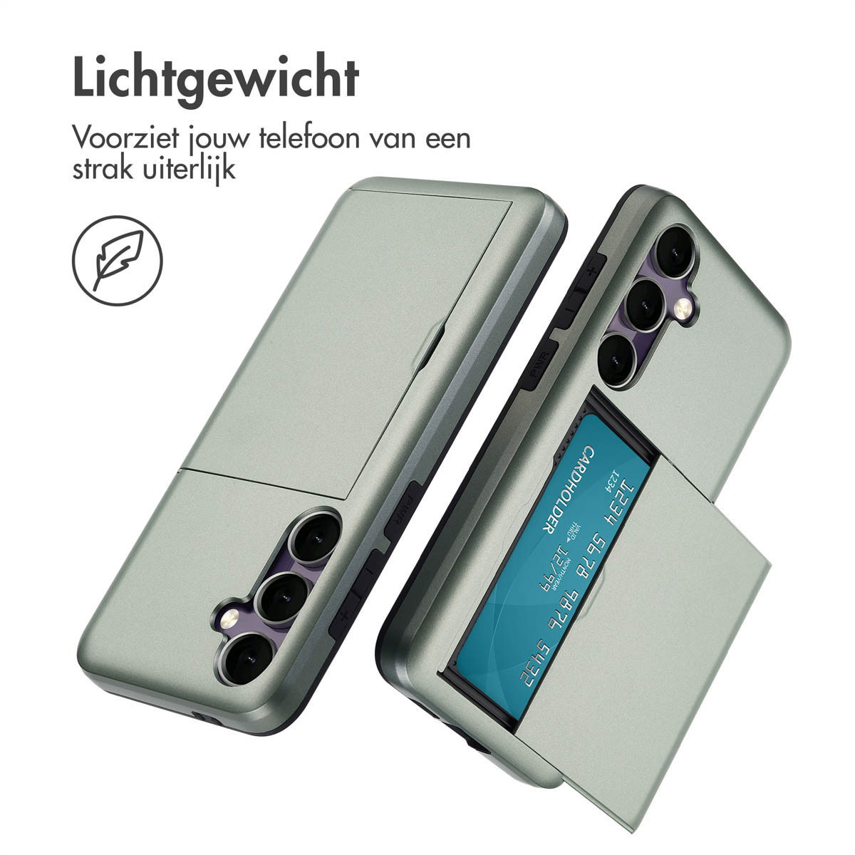 Er worden twee telefoonhoesjes getoond. Eén is open met een kaart, de andere is gesloten. De hoes is groen.