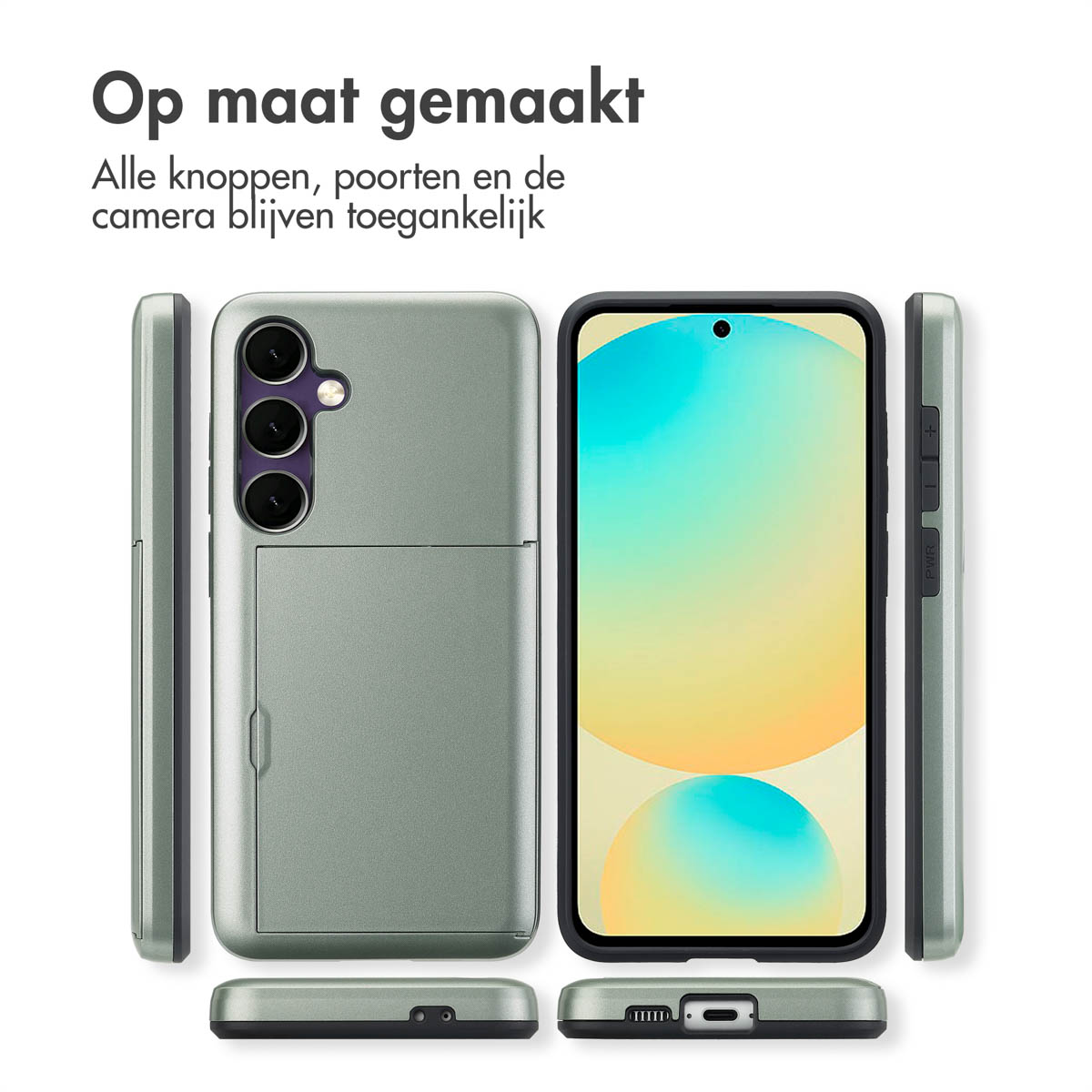 Een telefoonhoesje wordt vanuit meerdere hoeken getoond, waarbij de toegang tot knoppen, poorten en camera wordt getoond, waarbij de aangepaste pasvorm wordt benadrukt.
