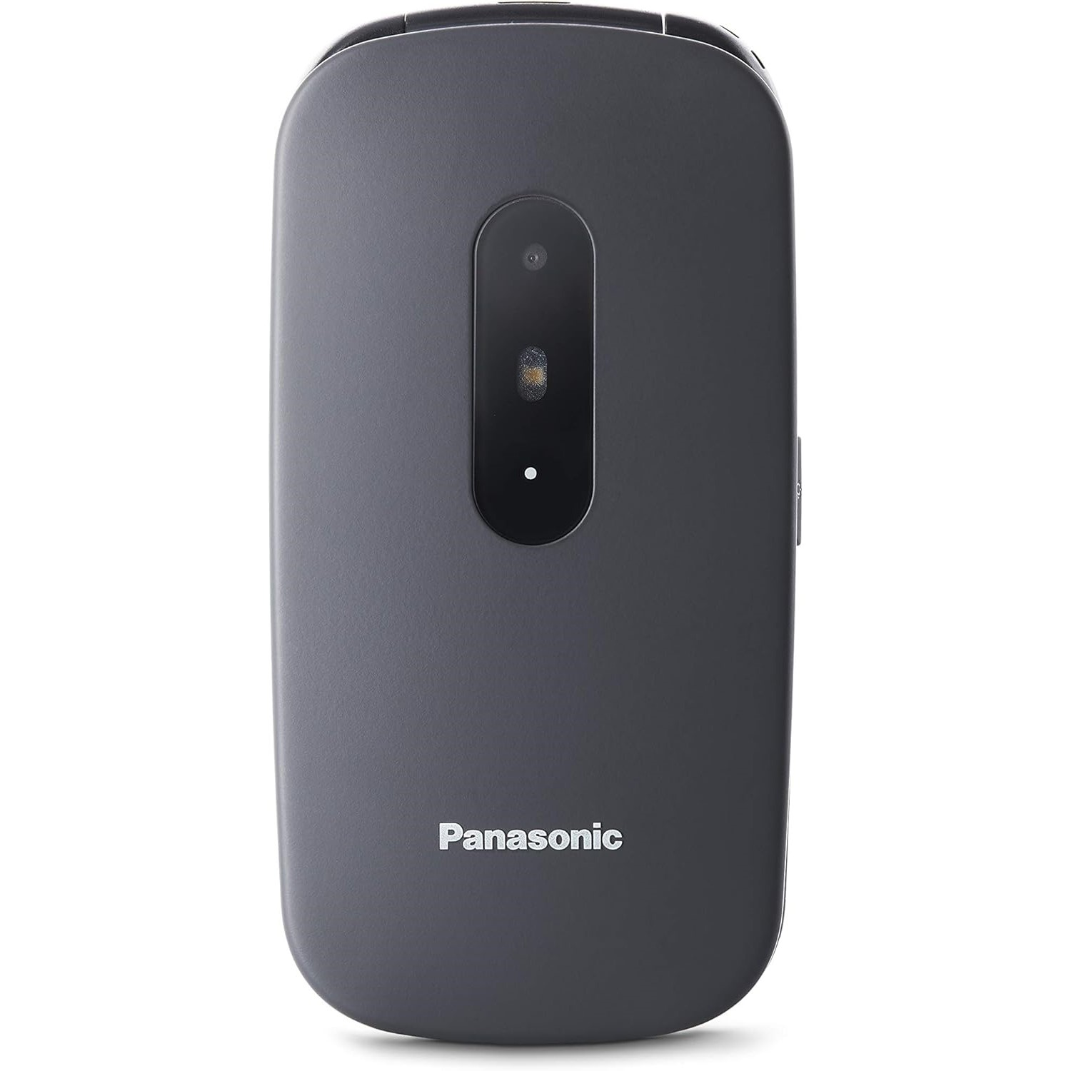 Dunkelgraues Panasonic-Telefon. Es ist geschlossen. Das Logo befindet sich unten, eine Kamera oben.