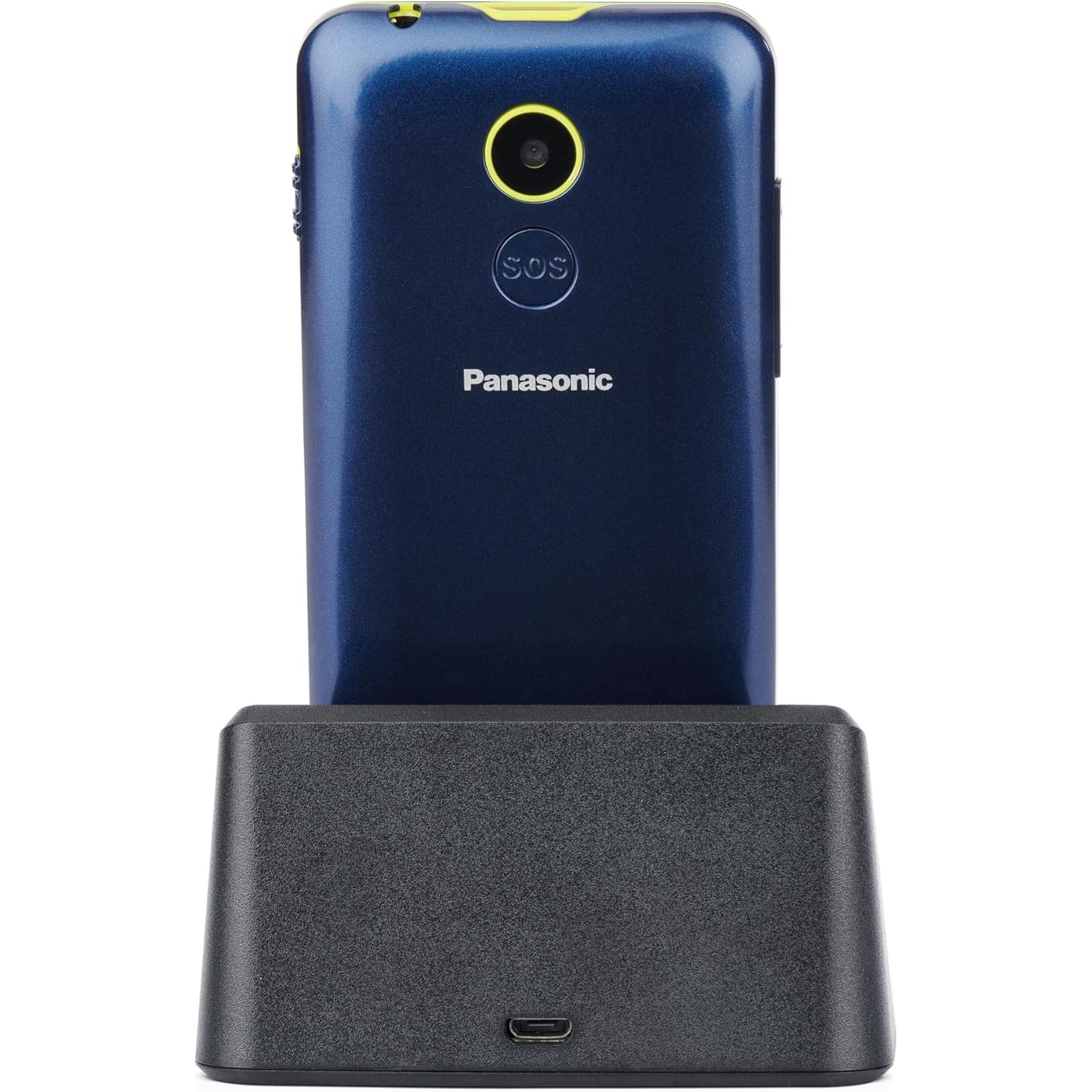 Un teléfono azul con una base de carga. Tiene un anillo amarillo alrededor de la cámara.