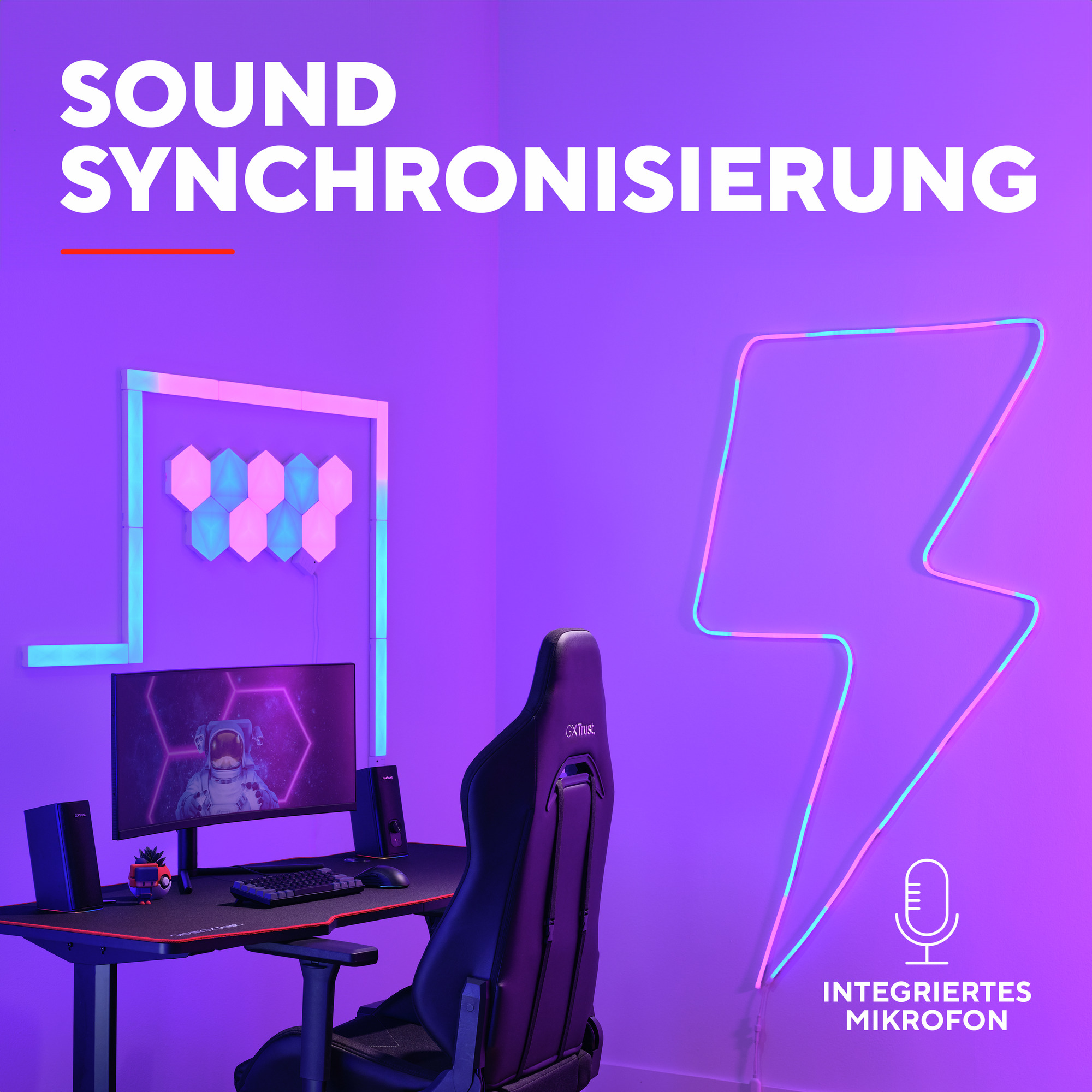 Gaming-Setup mit Lichtern. Monitor auf dem Schreibtisch, Neon-Blitz an der Wand und ein Bürostuhl.