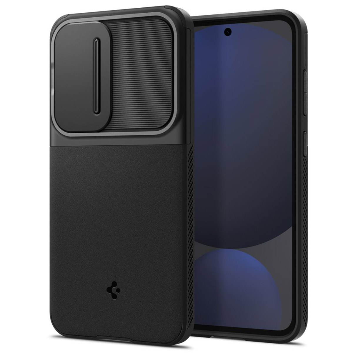 Coque de téléphone noire avec cache caméra, téléphone à droite.