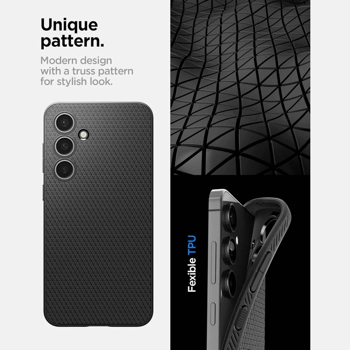 Custodia per telefono nera con motivo geometrico e primo piano dettagliato del telefono.