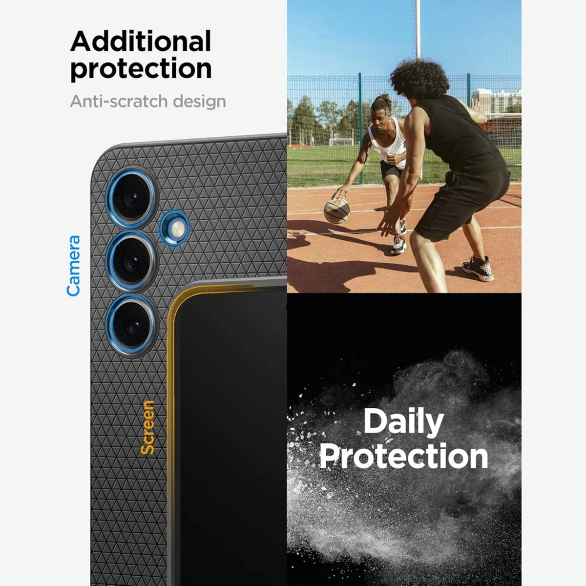 Custodia per telefono con dettagli fotocamera e persone che giocano a basket sullo sfondo.