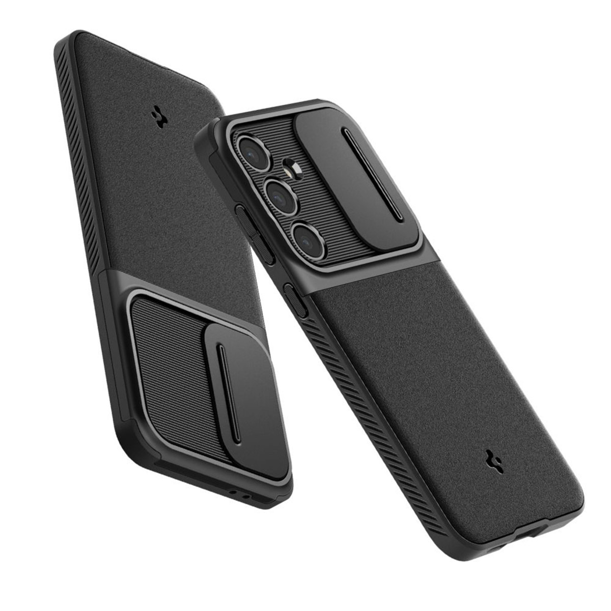 Deux étuis noirs pour téléphone avec caches coulissants.
