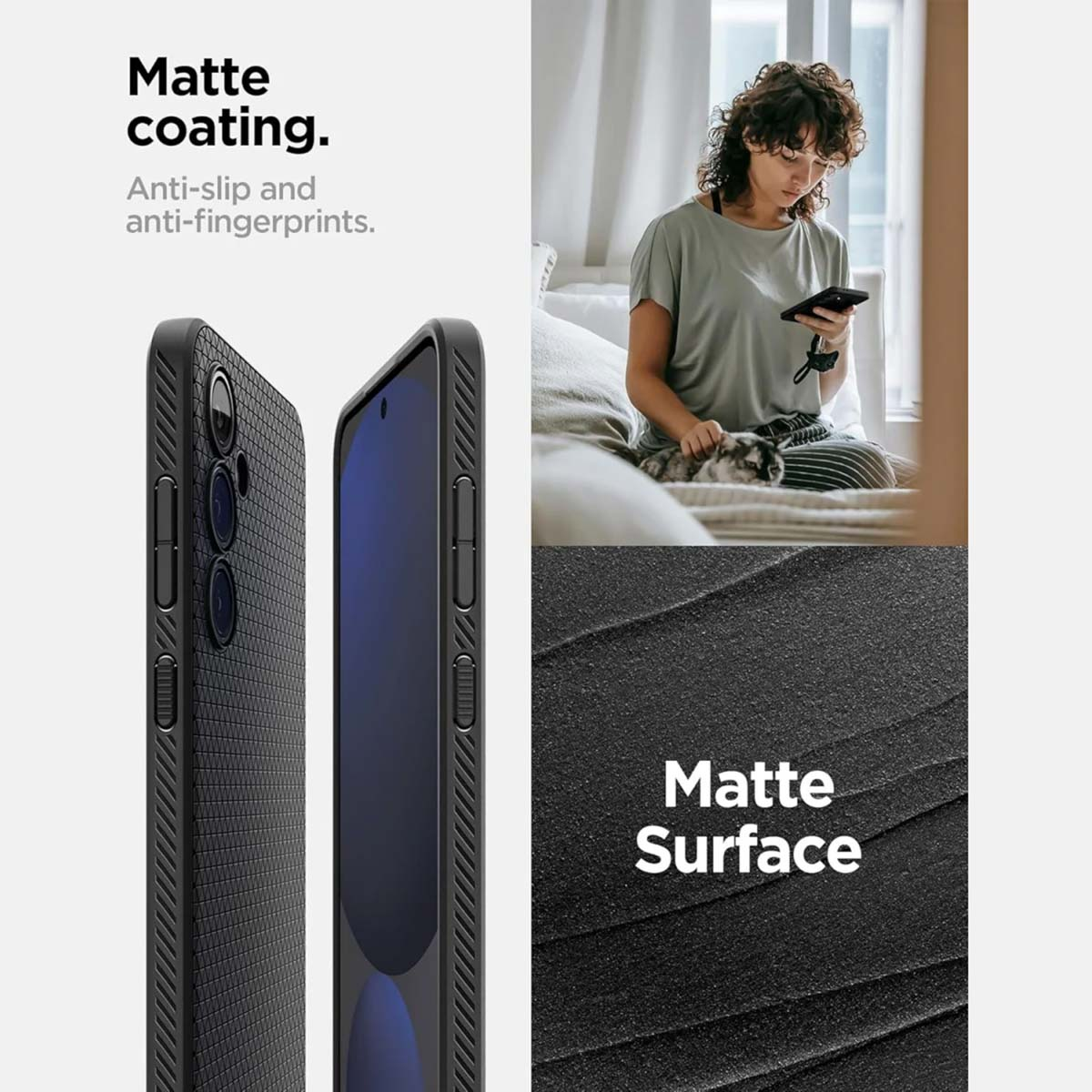 Custodia nera per telefono, superficie opaca e donna sullo sfondo che usa il telefono su un letto.