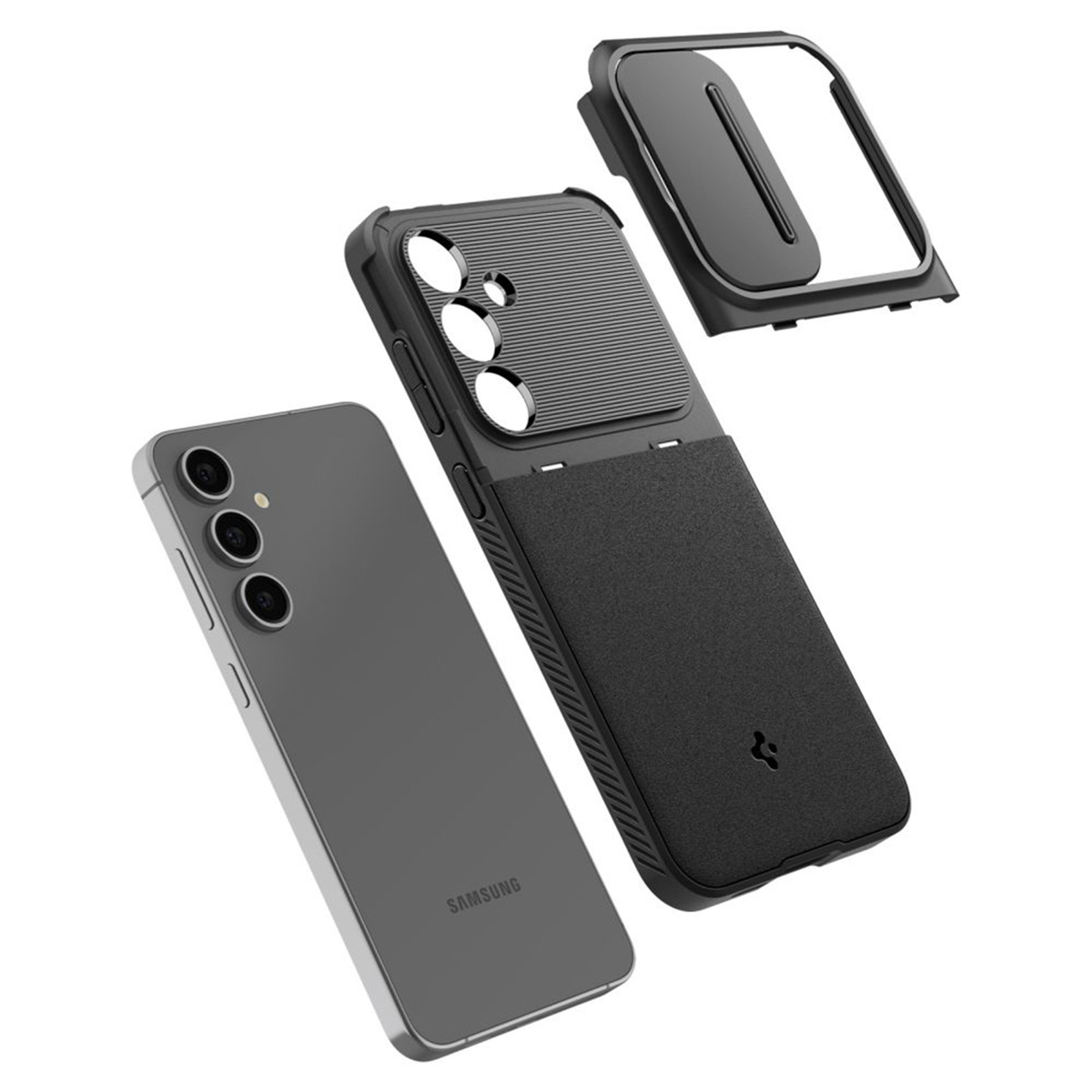 Téléphone et étui. Téléphone gris, étui noir, couvercle transparent. Fond blanc.