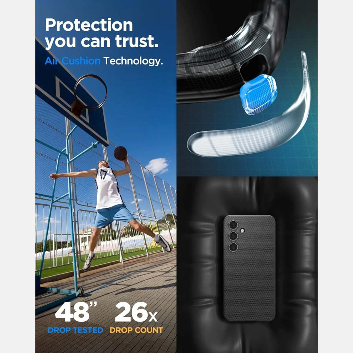 L'immagine mostra un giocatore di basket, una custodia per telefono e un componente del telefono. Testo: Protezione affidabile.