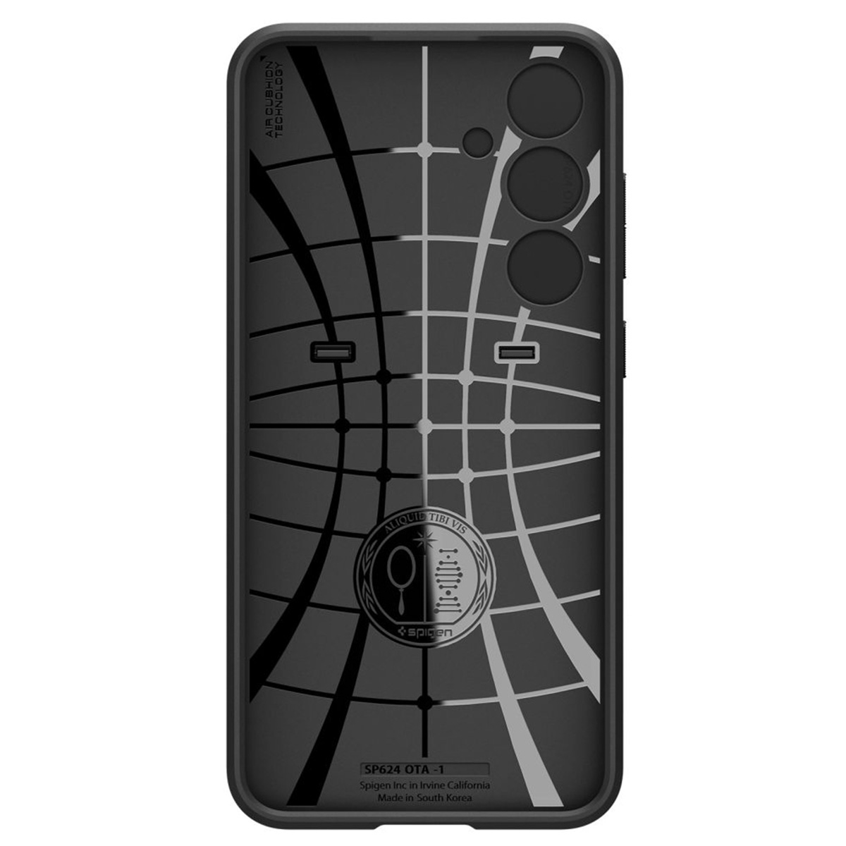 L'arrière d'une coque de téléphone noire avec un design abstrait et le logo Spigen.
