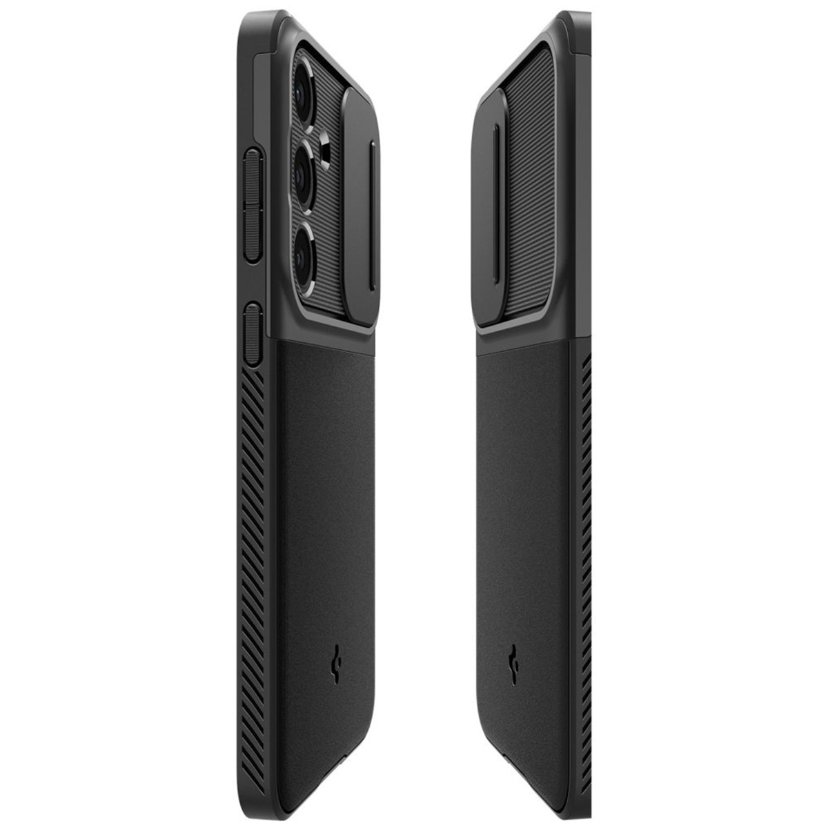 Deux étuis de téléphone noirs sont verticaux, montrant les détails de la caméra et des boutons latéraux.