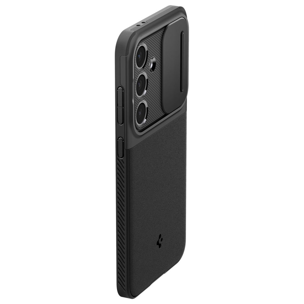 Une coque de téléphone noire avec un cache caméra et un dos texturé.