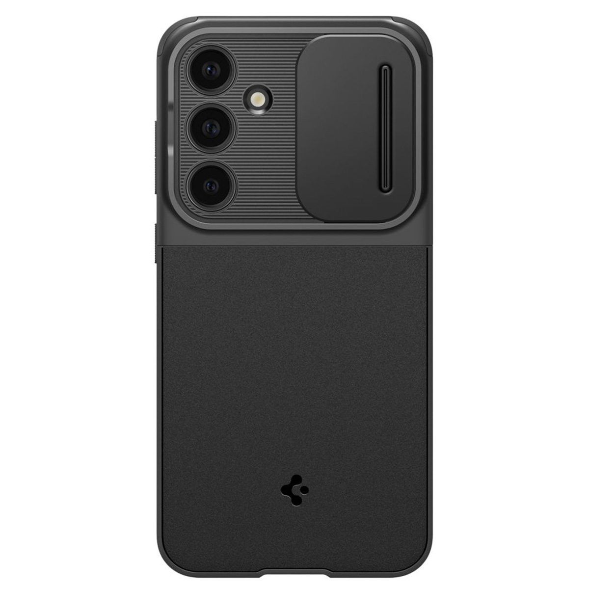 Une coque de téléphone noire avec trois découpes pour caméra et un cache coulissant. Logo Spigen.