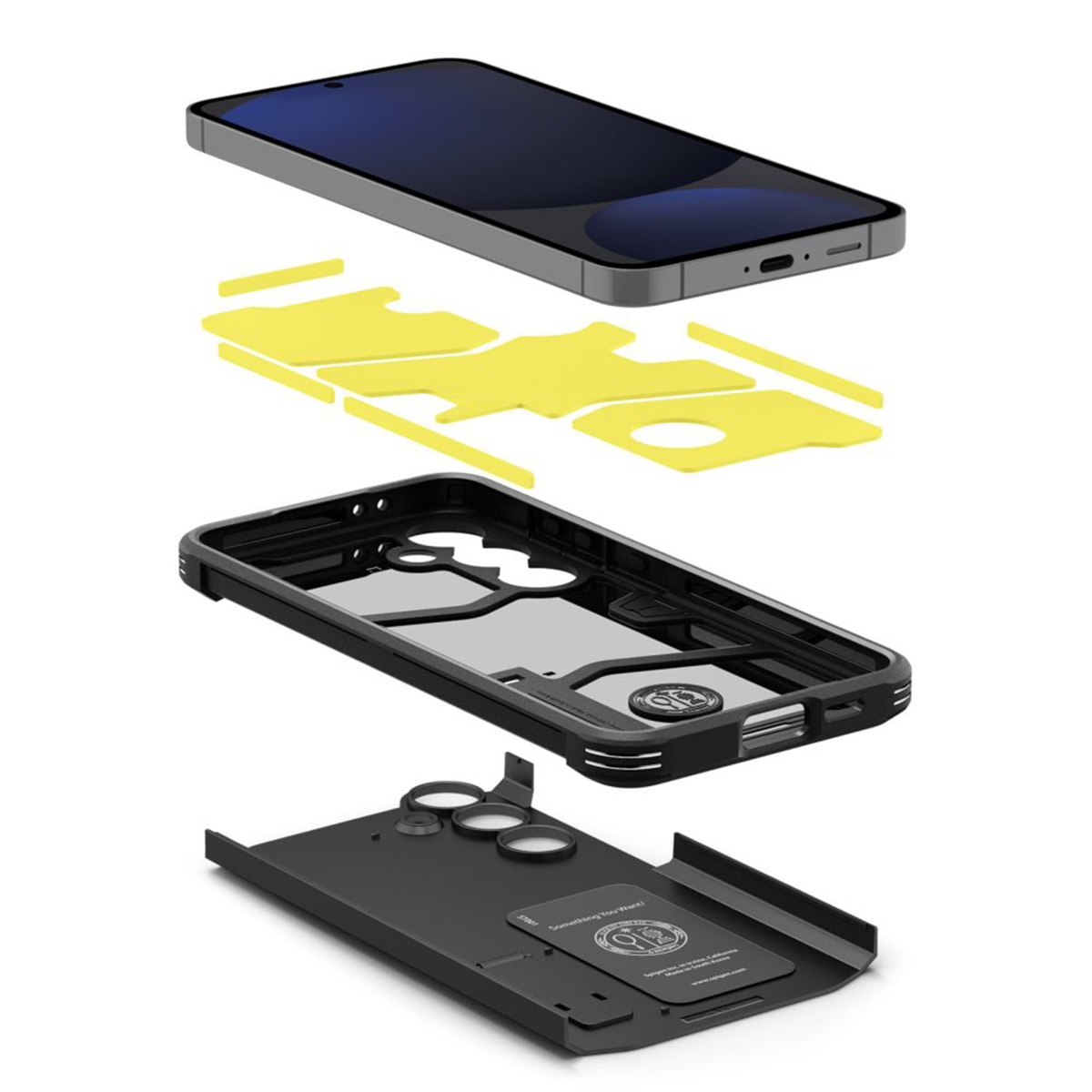 Draufsicht auf ein Telefon, gelber Kleber, schwarzes Gehäuse und eine schwarze Bodenkomponente.